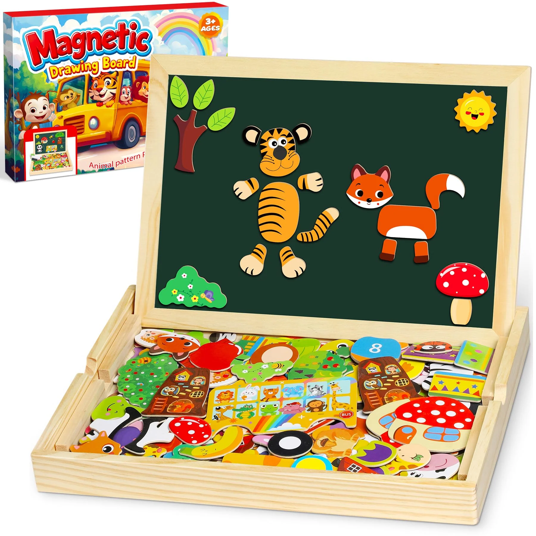 Jojoin 130 Stücke Magnetisches Holzpuzzle - 2025 Neu Montessori Holzpuzzle mit Doppelseitig Magnetisch | Wald | Bauernhof | Obst | Bus - Kreativ Spielzeug für Kinder
