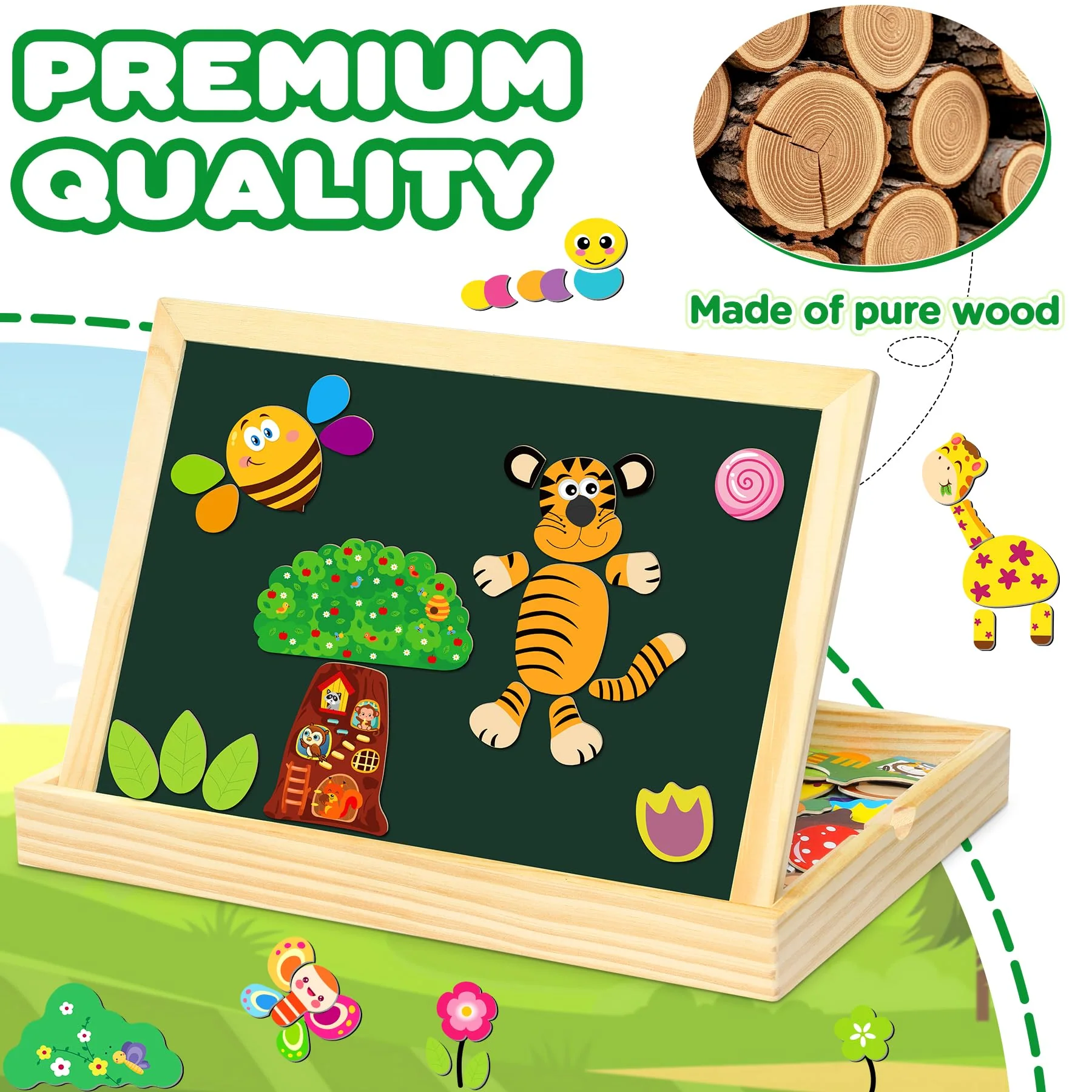 Jojoin 130 Stücke Magnetisches Holzpuzzle - 2025 Neu Montessori Holzpuzzle mit Doppelseitig Magnetisch | Wald | Bauernhof | Obst | Bus - Kreativ Spielzeug für Kinder - Image 3