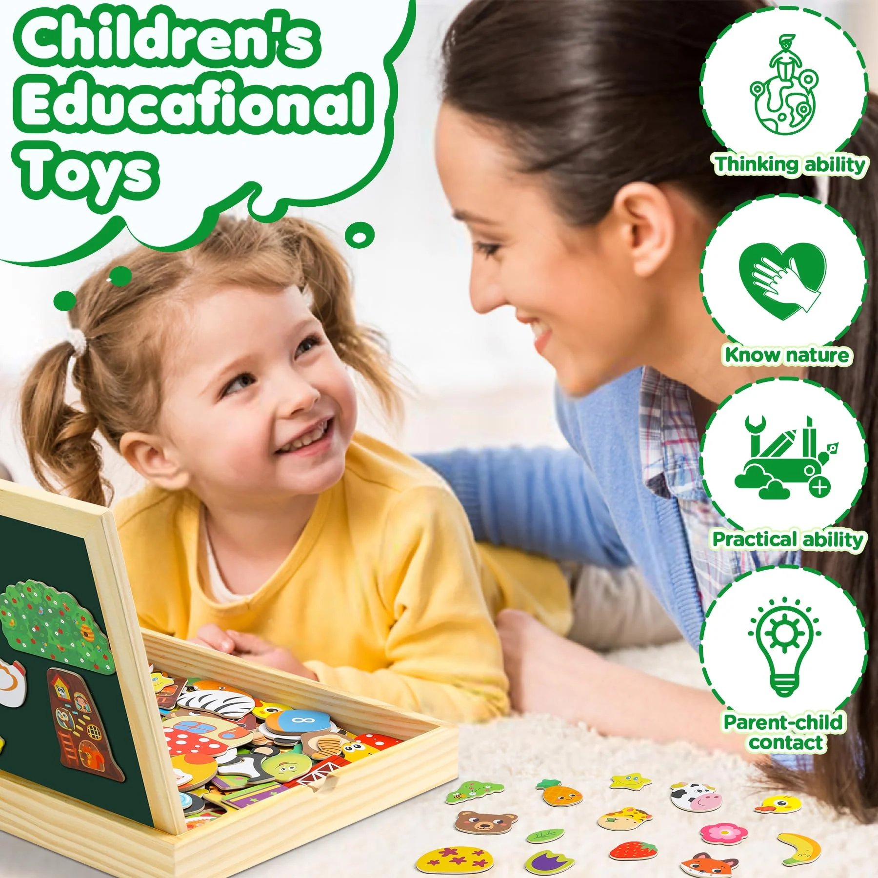 Jojoin 130 Stücke Magnetisches Holzpuzzle - 2025 Neu Montessori Holzpuzzle mit Doppelseitig Magnetisch | Wald | Bauernhof | Obst | Bus - Kreativ Spielzeug für Kinder - Image 5