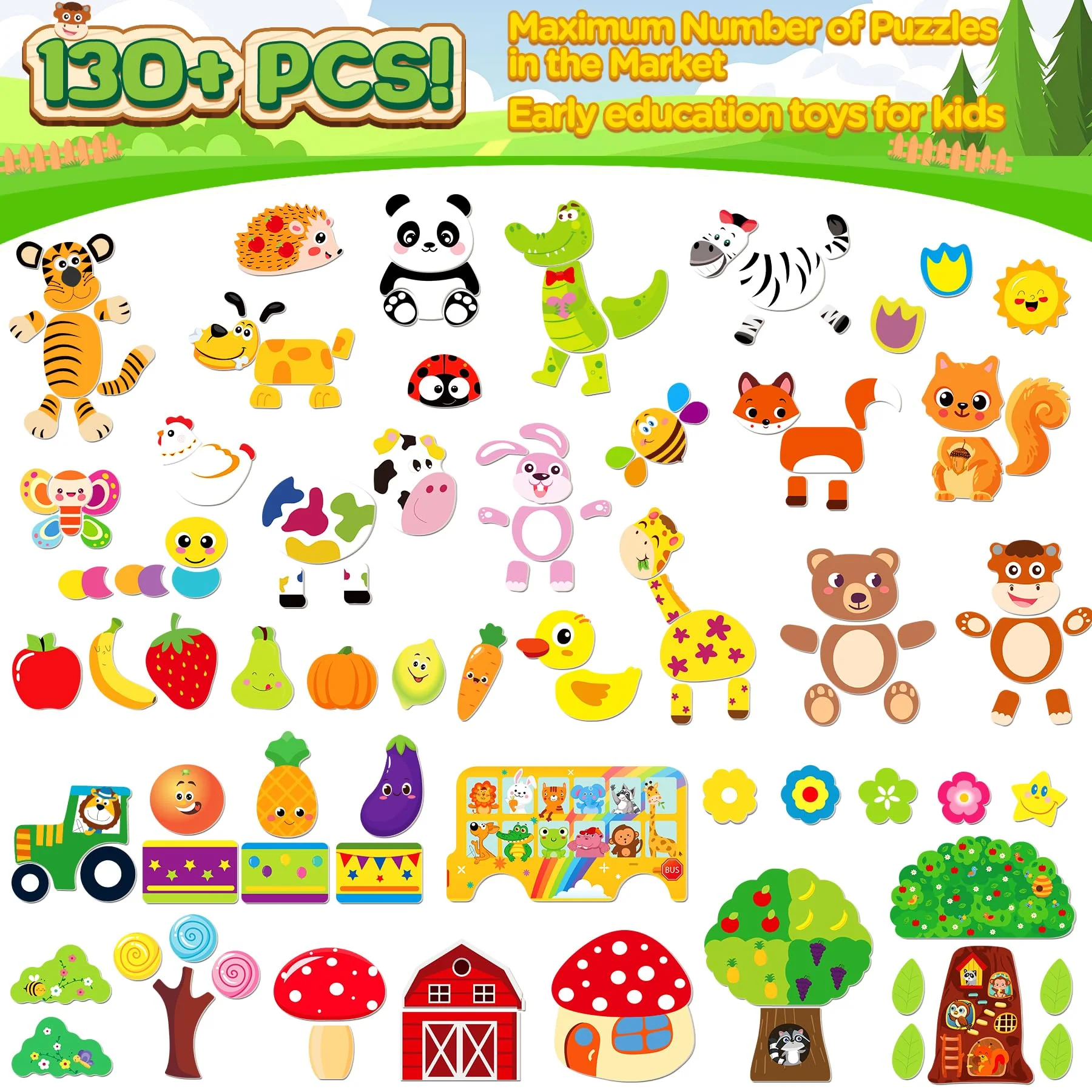 Jojoin 130 Stücke Magnetisches Holzpuzzle - 2025 Neu Montessori Holzpuzzle mit Doppelseitig Magnetisch | Wald | Bauernhof | Obst | Bus - Kreativ Spielzeug für Kinder - Image 6