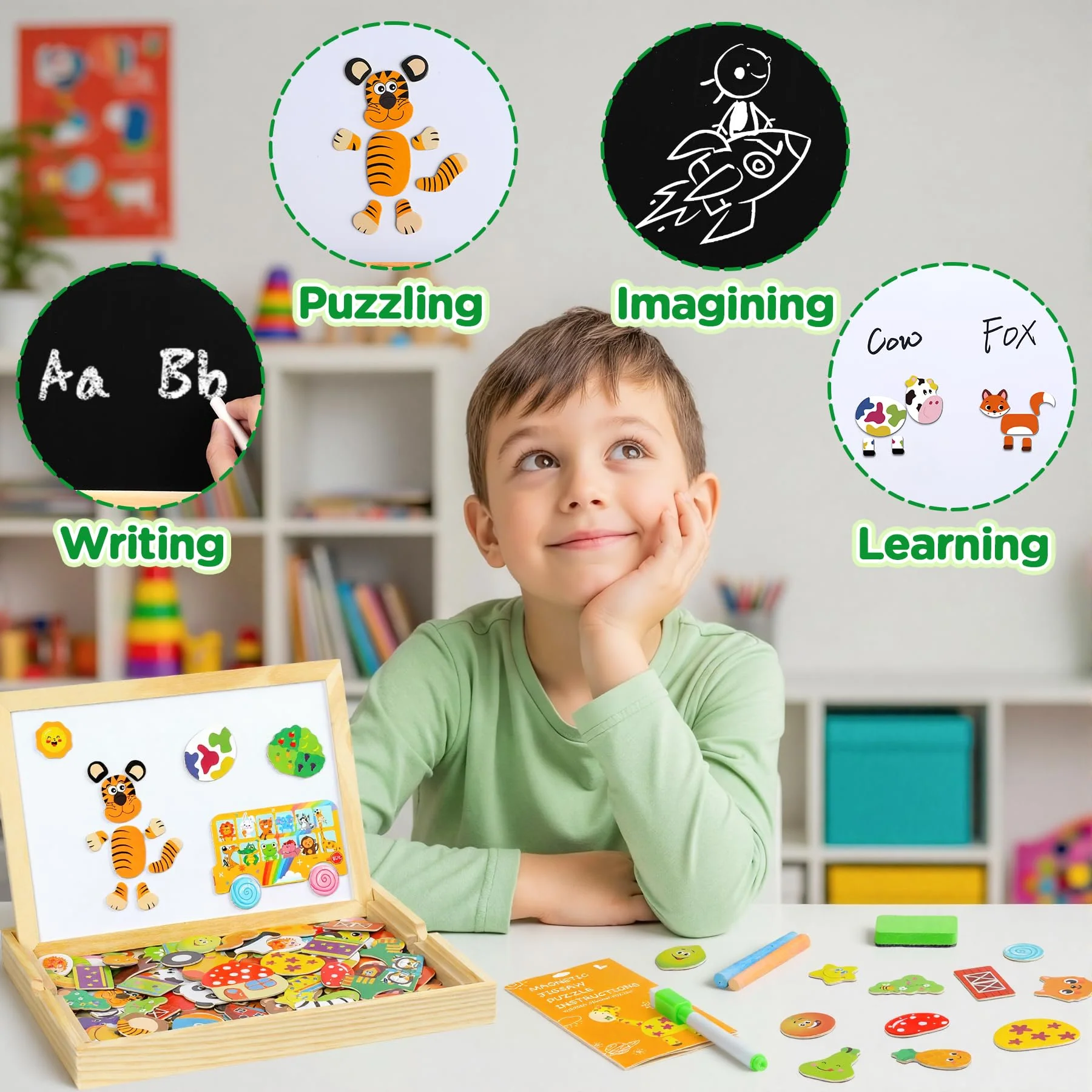Jojoin 130 Stücke Magnetisches Holzpuzzle - 2025 Neu Montessori Holzpuzzle mit Doppelseitig Magnetisch | Wald | Bauernhof | Obst | Bus - Kreativ Spielzeug für Kinder - Image 7