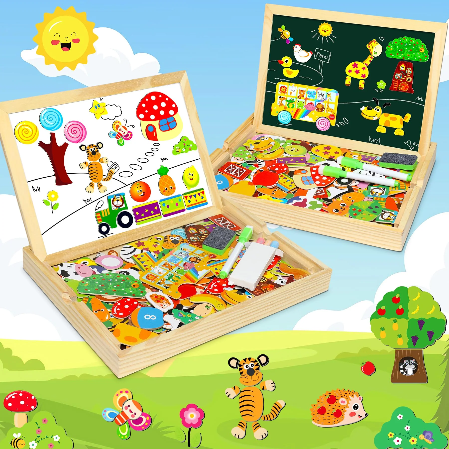 Jojoin 130 Stücke Magnetisches Holzpuzzle - 2025 Neu Montessori Holzpuzzle mit Doppelseitig Magnetisch | Wald | Bauernhof | Obst | Bus - Kreativ Spielzeug für Kinder - Image 8