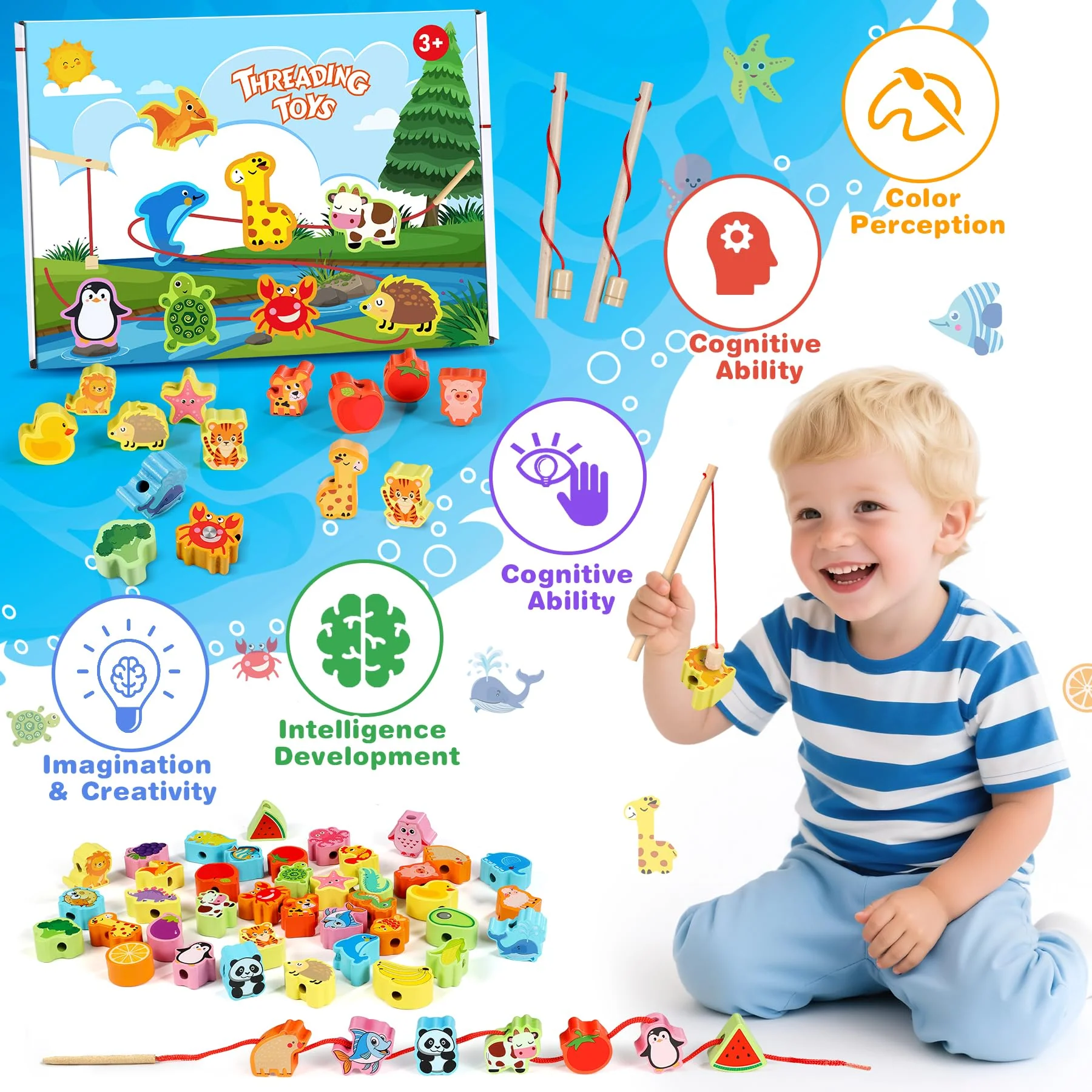 Jojoin Fädelspiel Montessori Spielzeug - Fädelspiel Angelspiel Spiele ab 3 Jahre - 54 Stück Holzspielzeug Magnetisches Angelspiel - Geschenk Mädchen Junge - Image 5