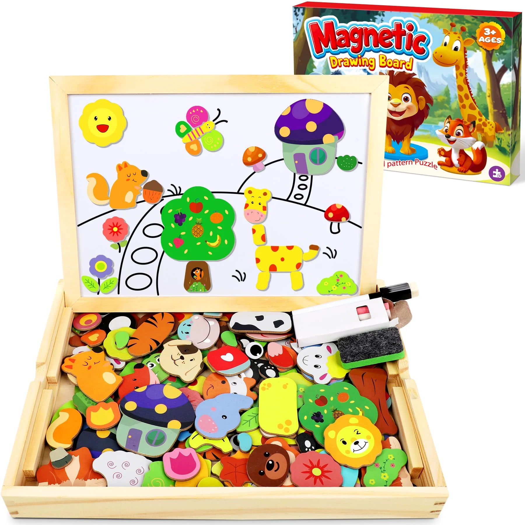 Jojoin Magnetisches Holzpuzzle 110 Stück, Magnettafel Kinder, Puzzle ab 3, Montessori Spielzeug ab 3 Jahre, Wald and Tier Puzzles Kinderspiele, Geschenk für Mädchen Junge Halloween Christmas