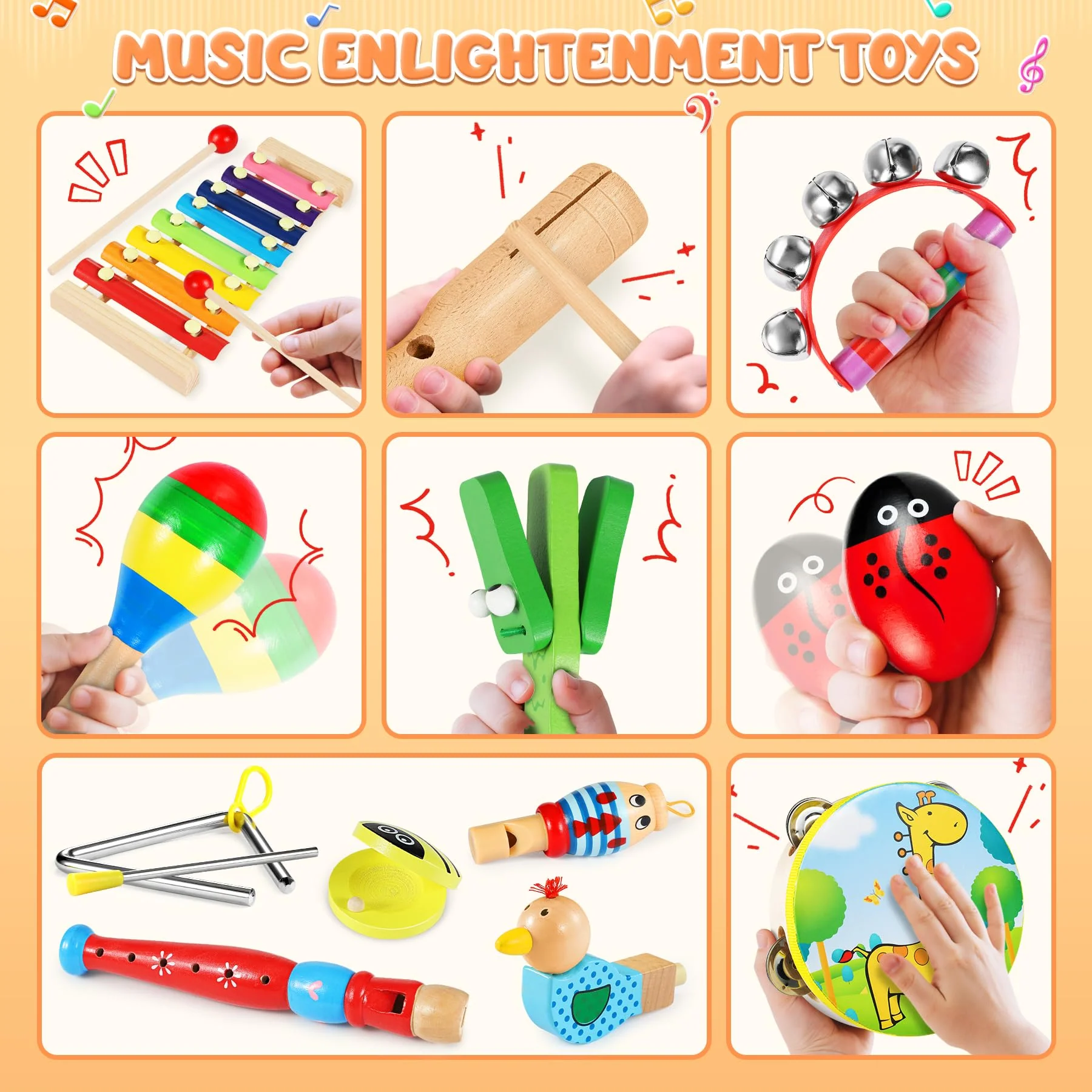 Jojoin Musikinstrumente für Kinder ab 3 Jahre - 24 Stück Instruments Percussion Holzspielzeug - Baby Kinder Montessori Spielzeug - Xylophon Trommel Kinderspielzeug Geschenke für Kleinkinder - Image 3