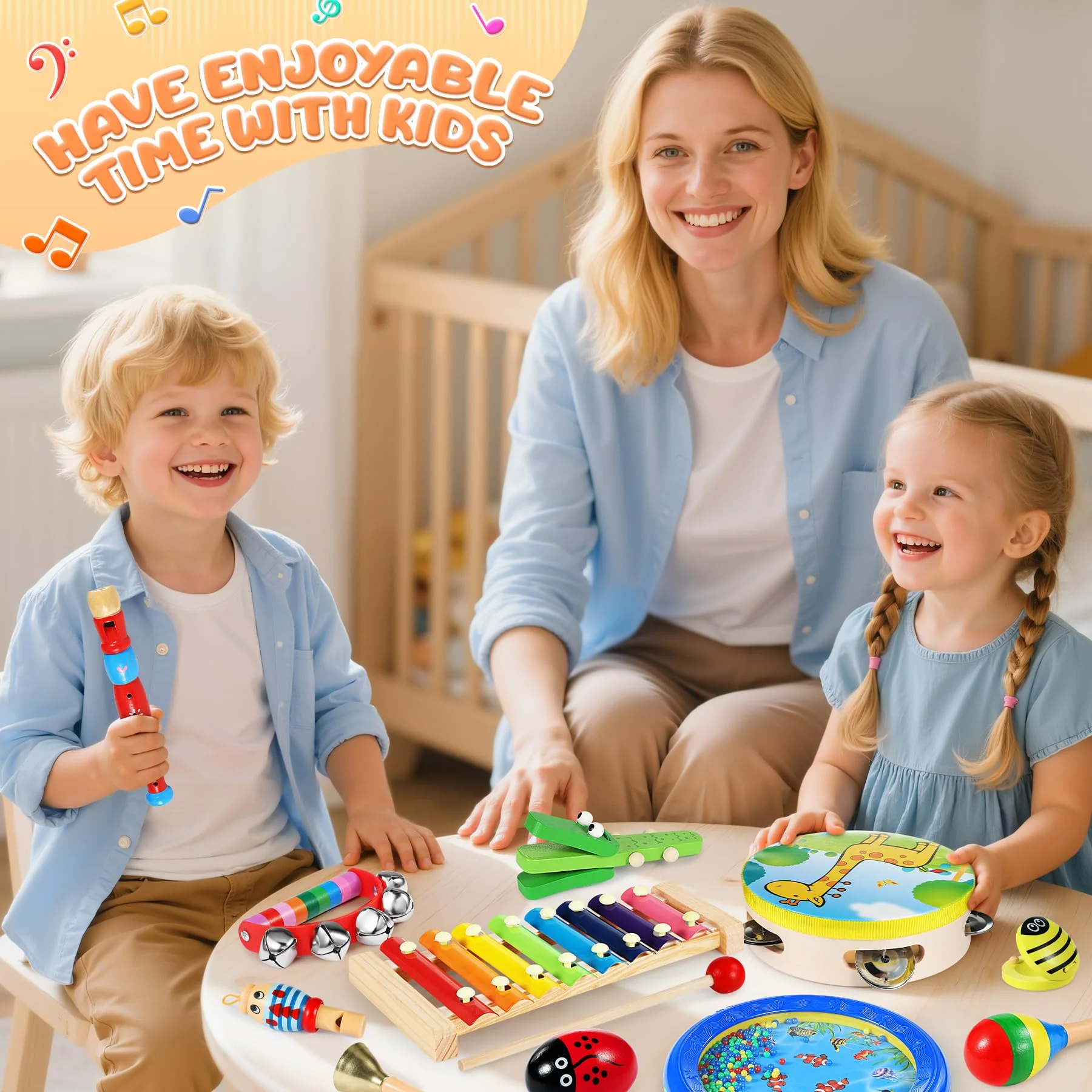 Jojoin Musikinstrumente für Kinder ab 3 Jahre - 24 Stück Instruments Percussion Holzspielzeug - Baby Kinder Montessori Spielzeug - Xylophon Trommel Kinderspielzeug Geschenke für Kleinkinder - Image 6