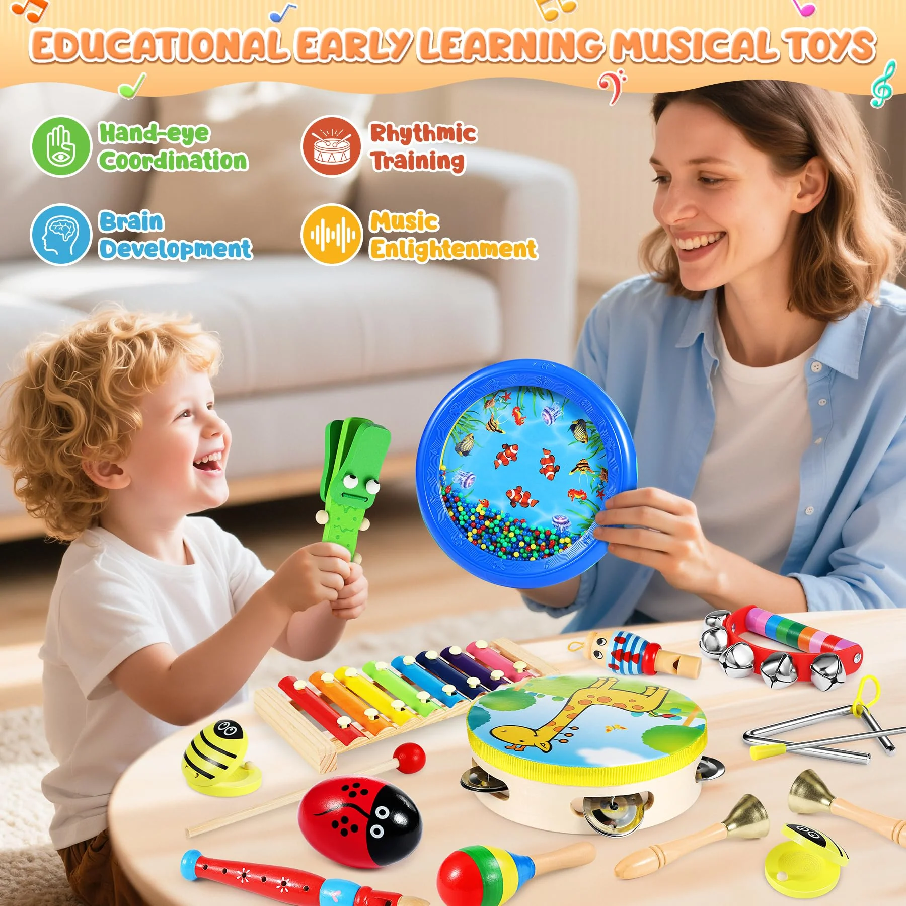 Jojoin Musikinstrumente für Kinder ab 3 Jahre - 24 Stück Instruments Percussion Holzspielzeug - Baby Kinder Montessori Spielzeug - Xylophon Trommel Kinderspielzeug Geschenke für Kleinkinder - Image 7