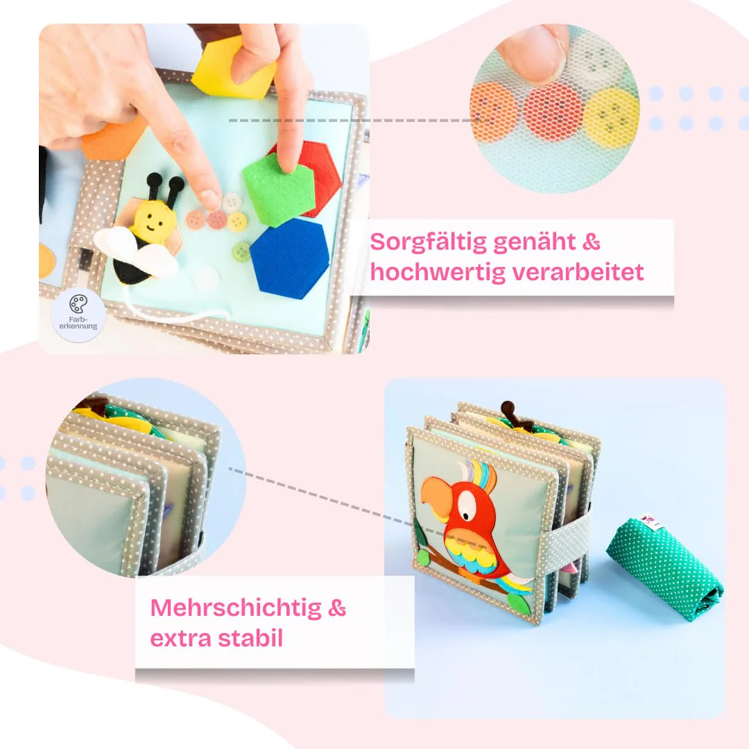 Jolly Designs – Mini Quiet Book Schillernder Papagei – Montessori Spielzeug ab 6 Monaten – Motorik & Sensorik fördern – Busy Book aus Filz – Handgefertigtes Filzbuch – Perfekt für unterwegs - Image 6