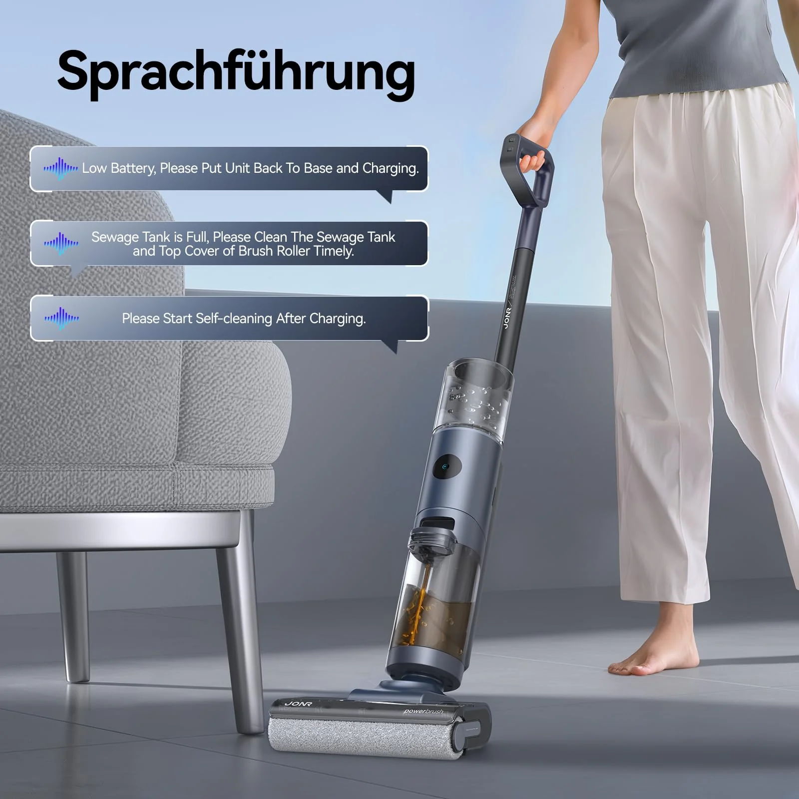 JONR ED12 Pro Nass Trockensauger Akku, Kabelloser Saugwischer, Dreikantenreinigung, Heißwasser-Selbstreinigung Heißluft-Trocknung, 850mL Wassertank, Anti-Verwirrungs-Haar für Hartböden, Tierhaare - Image 4