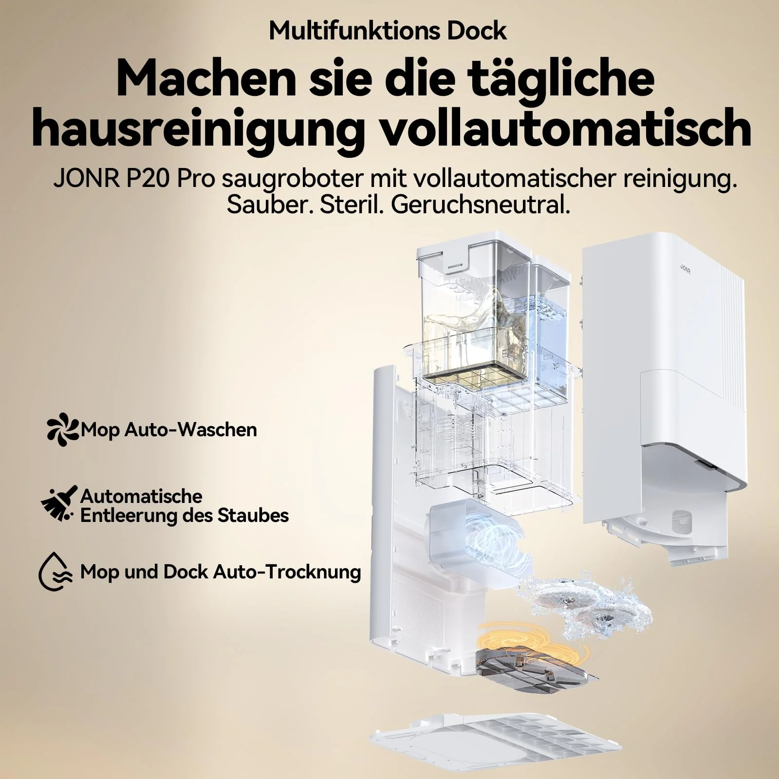 JONR P20 Pro Saugroboter mit Wischfunktion und Hubmop, 8000Pa All-in-One Reinigungsstation, Hindernisvermeidung, Adaptive Kantenreinigung, Heißlufttrocknung - Image 8