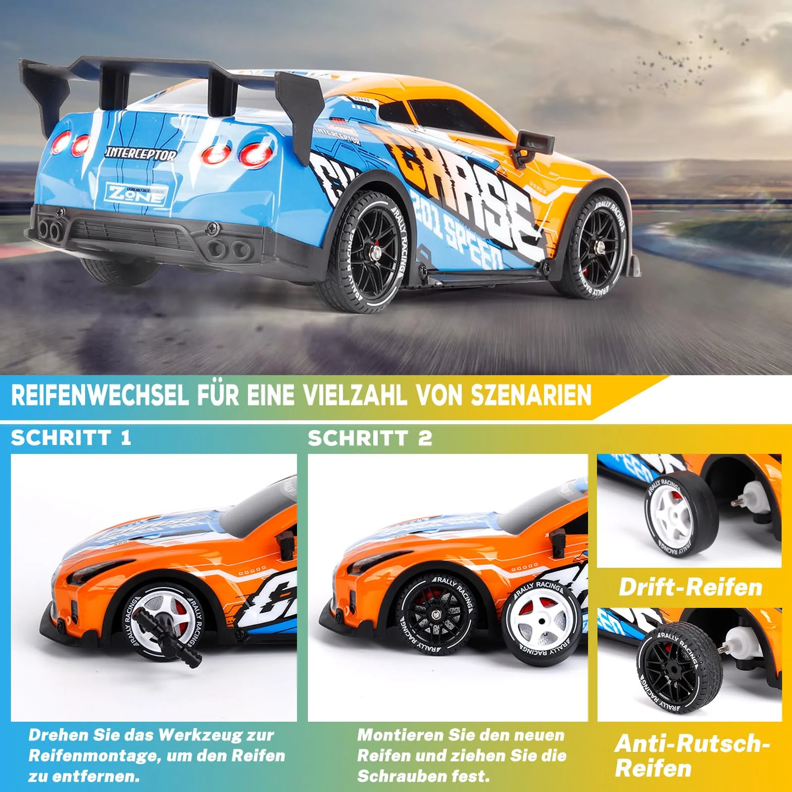 JONRRYIN Drift Ferngesteuertes Auto, 1:14 RC Drift Car, 4WD Fernbedienung Rennwagen mit Driftfunktion, LED-Leuchten, 25km/h, Spielzeugauto für Erwachsene und Kinder ab 8 Jahre älter - Image 4