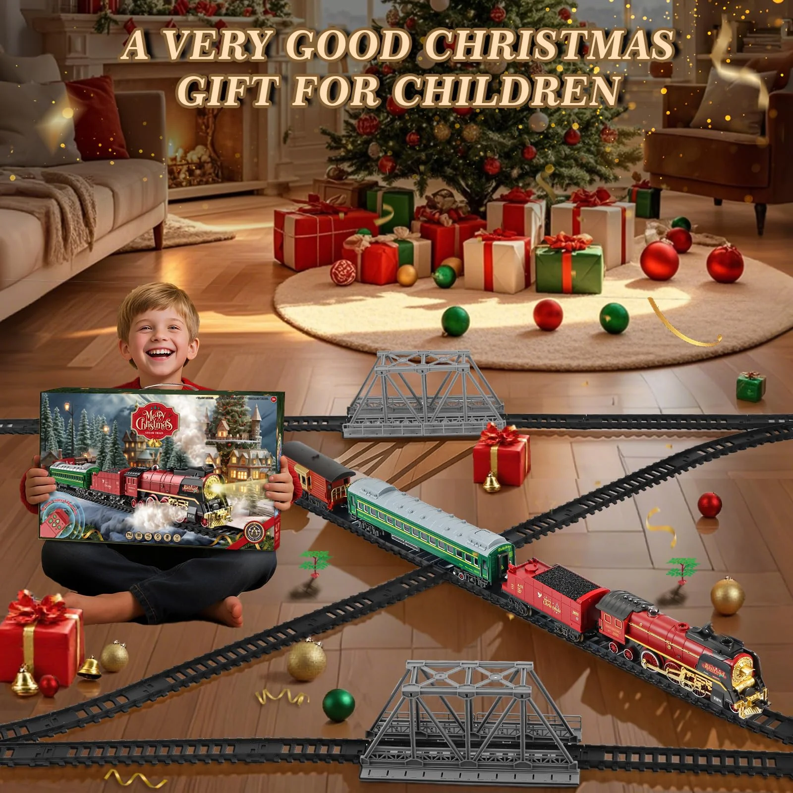 JONRRYIN Elektrische Zug Spielzeug, Eisenbahn Weihnachtsbaum Elektrisch, Weihnachtszug mit Schienen, Dampf, Licht & Sound, Dampfzug den Tannenbaum Geschenk für Kinder - Image 2