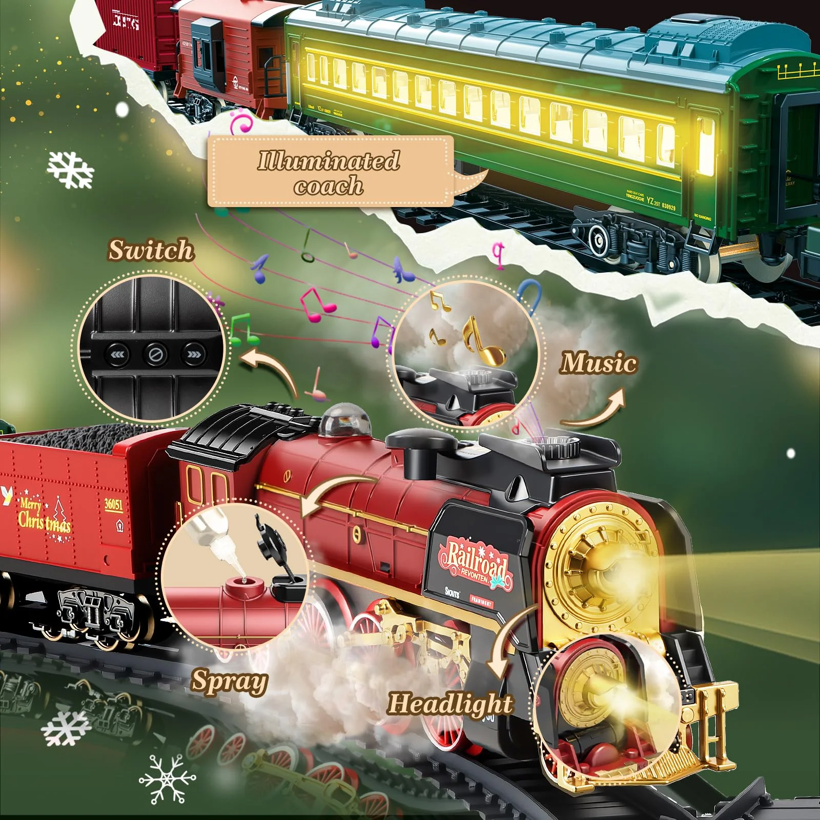 JONRRYIN Elektrische Zug Spielzeug, Eisenbahn Weihnachtsbaum Elektrisch, Weihnachtszug mit Schienen, Dampf, Licht & Sound, Dampfzug den Tannenbaum Geschenk für Kinder - Image 5
