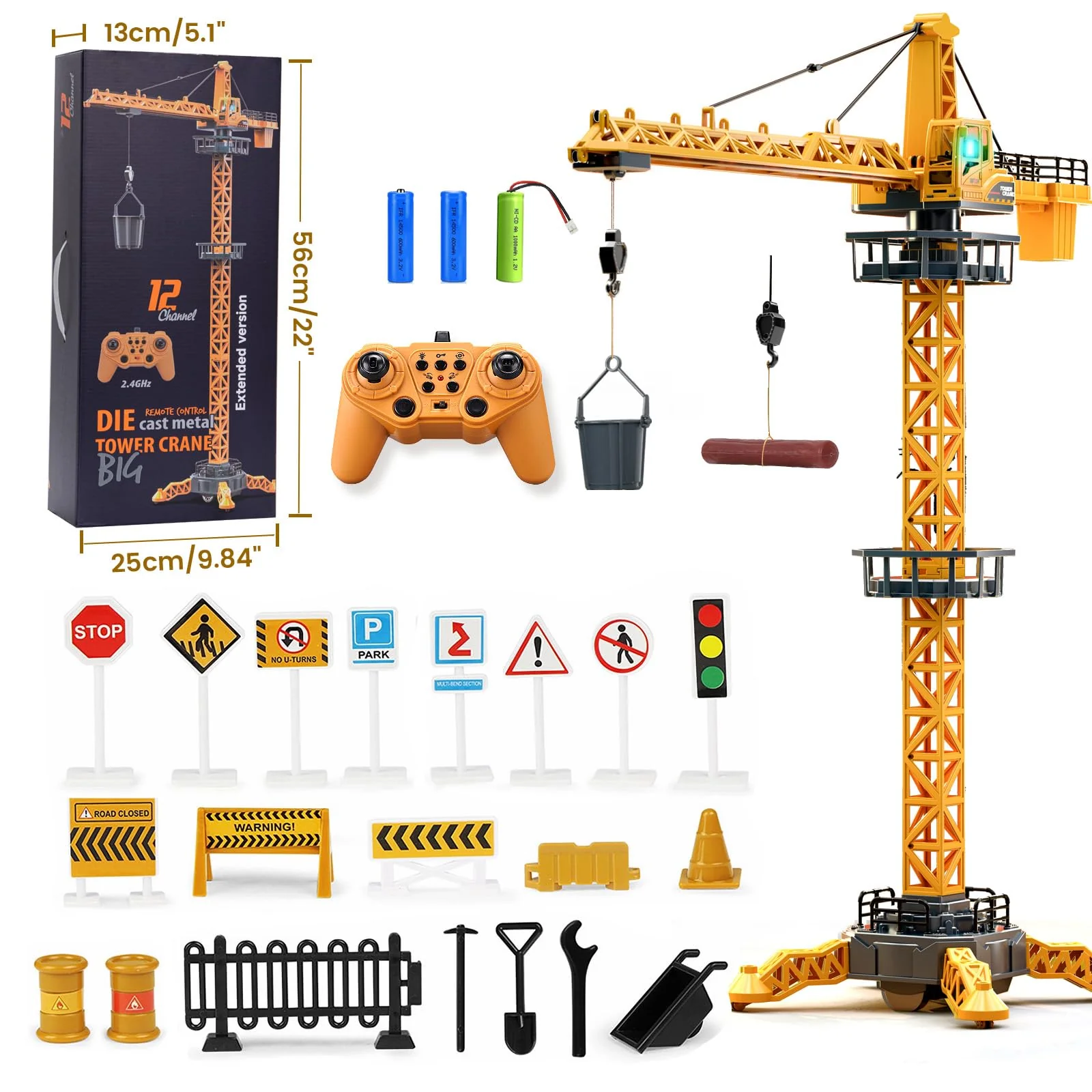 JONRRYIN Ferngesteuerte Turmkran, 12 Kanäle 2,4 Hz RC Turmdrehkran, 680 Grad Rotation Ferngesteuerte Tower Crane mit Lichter Geräusche und Verkehrsschilder Set für Kinder - Image 5