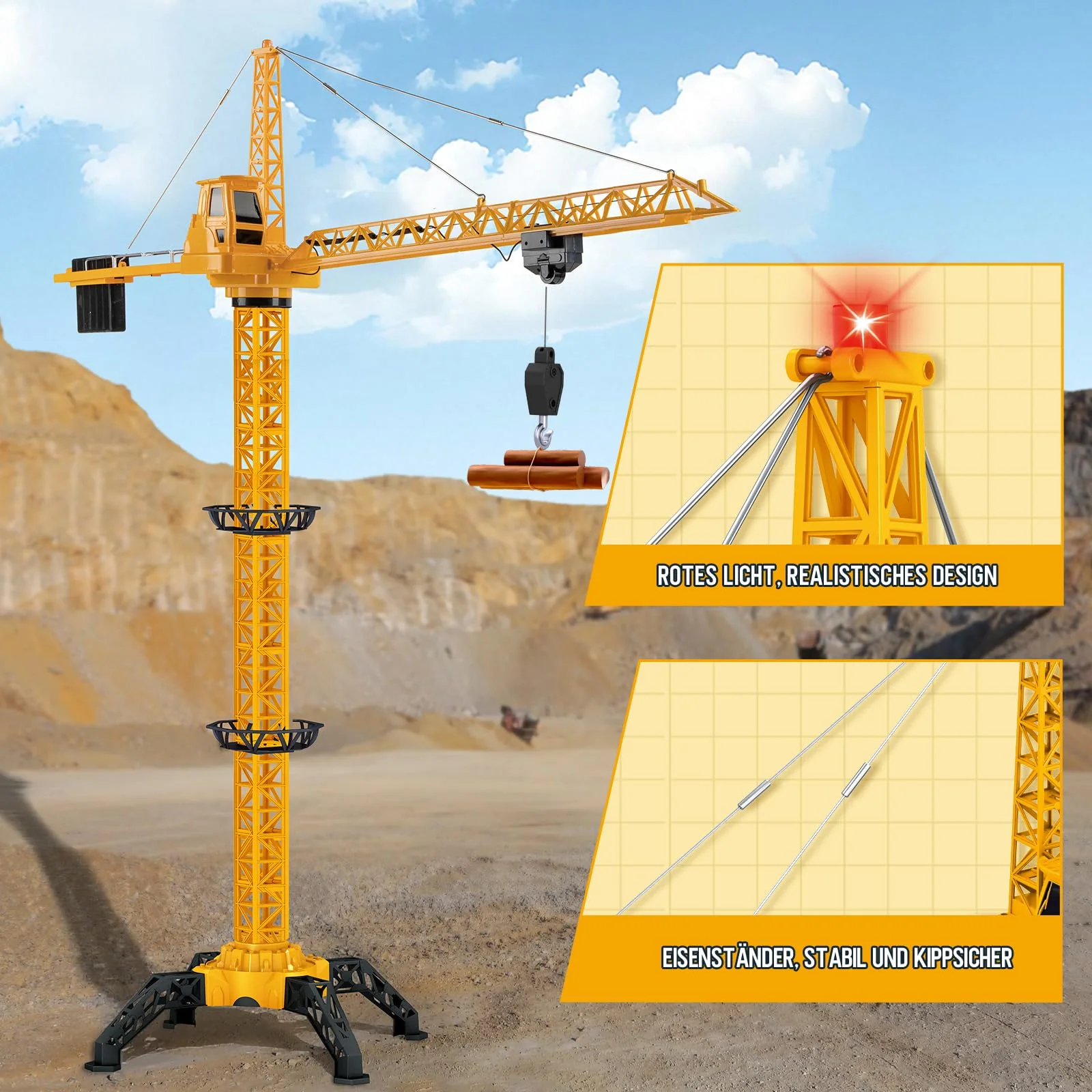 JONRRYIN Ferngesteuerte Turmkran 138 cm Höhe, 2,4 Hz 6 Kanäle RC Kran, 680 Grad Rotation Ferngesteuerte Baukran Tower Crane mit Lichter für Kinder (Gelb) - Image 4