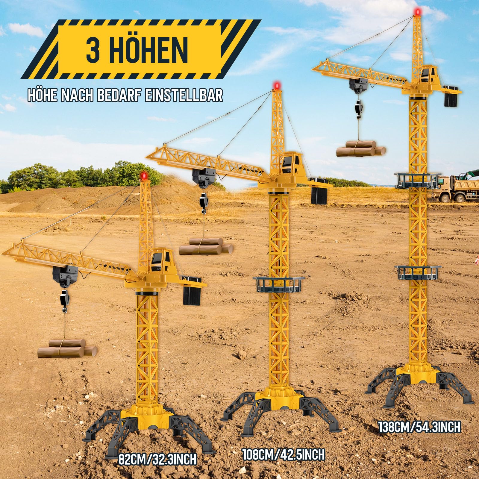 JONRRYIN Ferngesteuerte Turmkran 138 cm Höhe, 2,4 Hz 6 Kanäle RC Kran, 680 Grad Rotation Ferngesteuerte Baukran Tower Crane mit Lichter für Kinder (Gelb) - Image 7