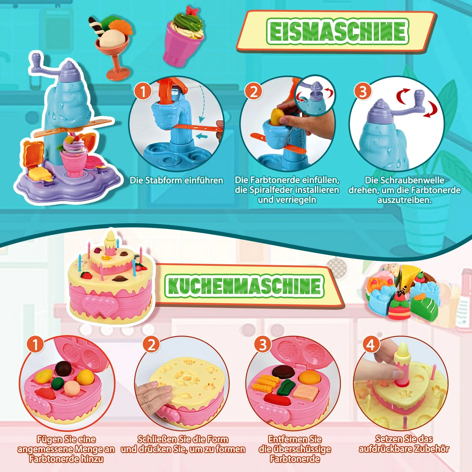 JONRRYIN Knete Set für Kinder, 102 Stück Knete Zubehör Knetwerkzeug mit 36 Modelliermasse, Kreatives Playdoh Knete Kinder Eismaschine Nudelmaschine Spielset Geschenk Mädchen & Junge - Image 5