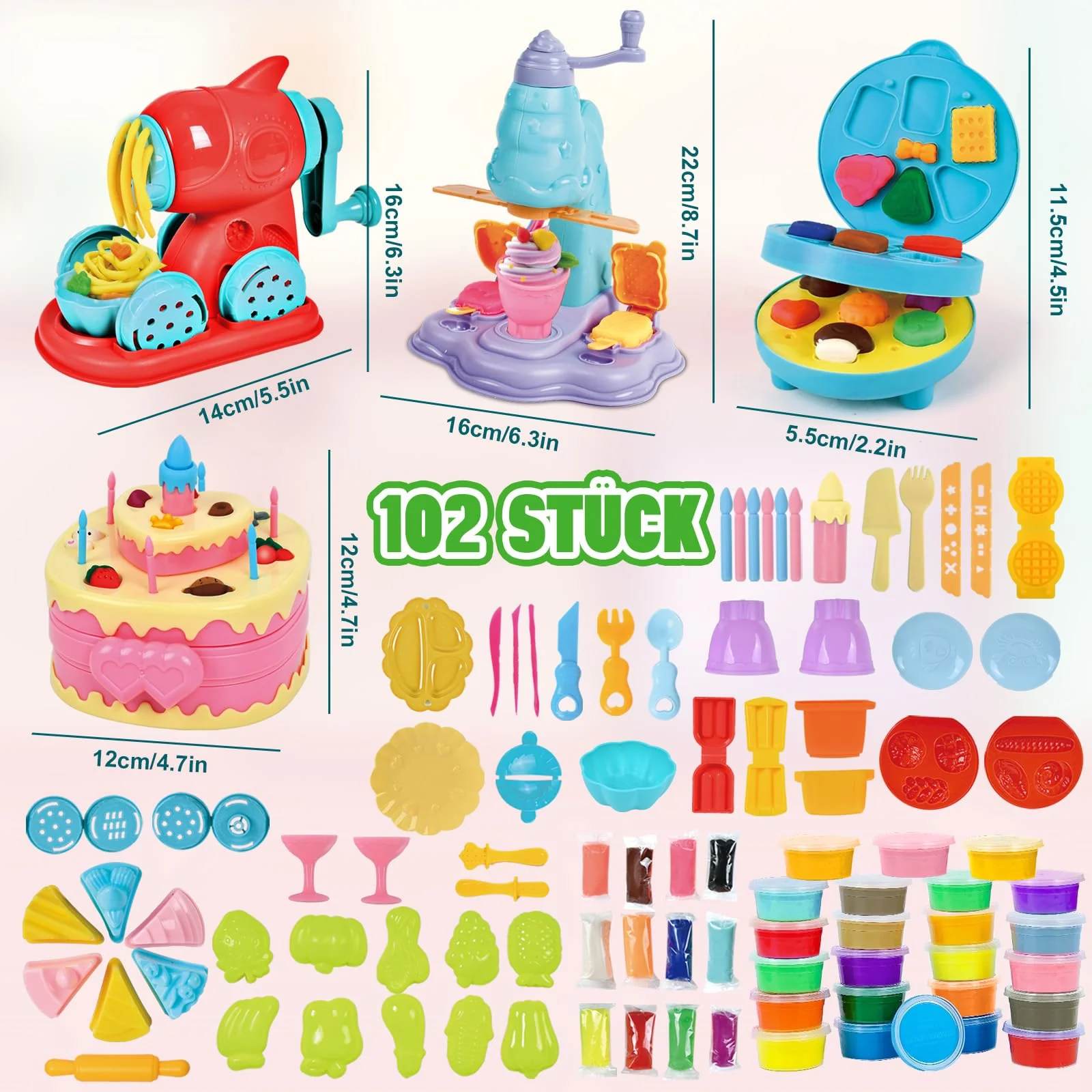 JONRRYIN Knete Set für Kinder, 102 Stück Knete Zubehör Knetwerkzeug mit 36 Modelliermasse, Kreatives Playdoh Knete Kinder Eismaschine Nudelmaschine Spielset Geschenk Mädchen & Junge - Image 6