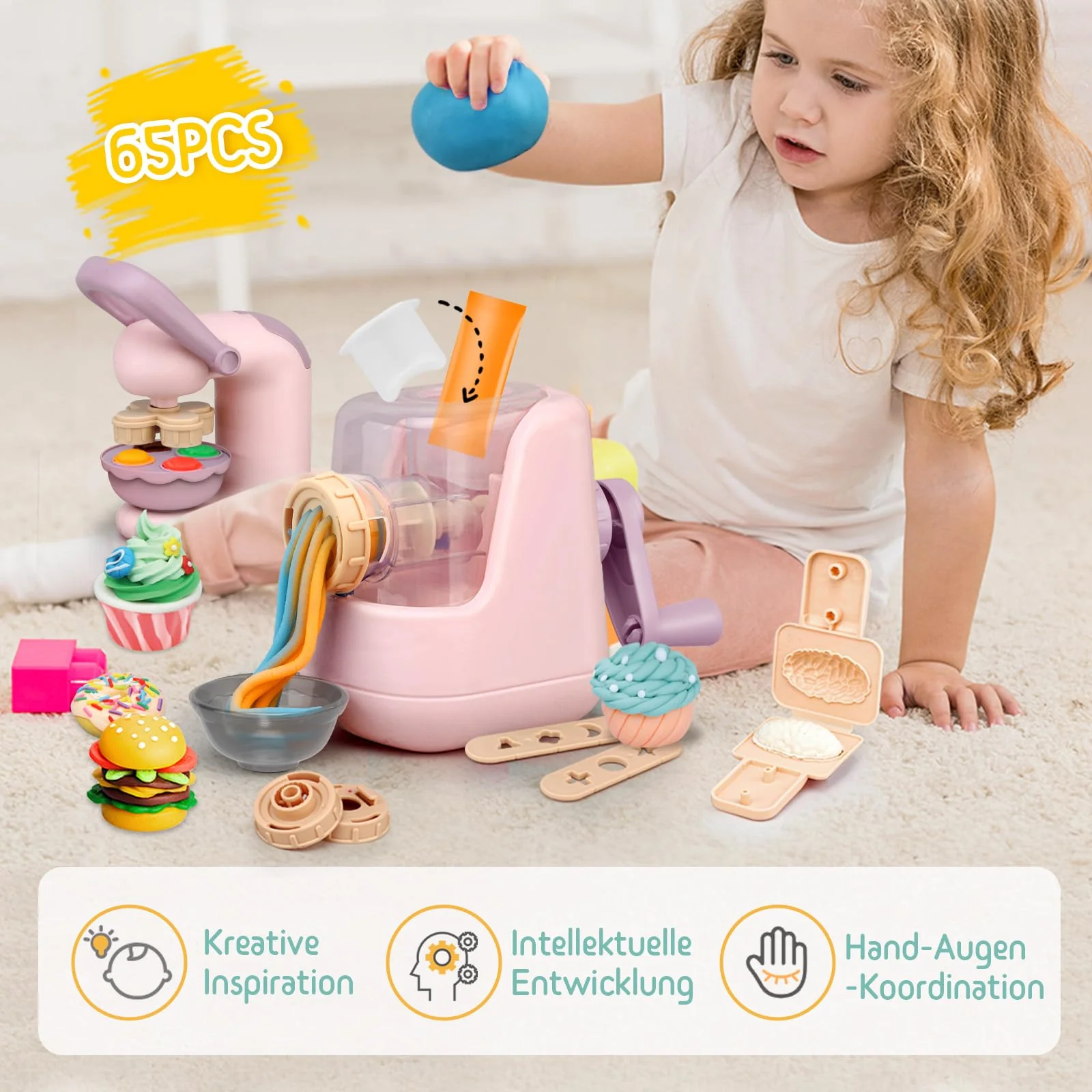 JONRRYIN Knete Set für Kinder, 65 Stück Knete Zubehör Knetwerkzeug mit 12 Modelliermasse, Kreatives Kinderknete Dough Nudelmaschine Spielset Geschenk für Mädchen & Junge (Rosa) - Image 5
