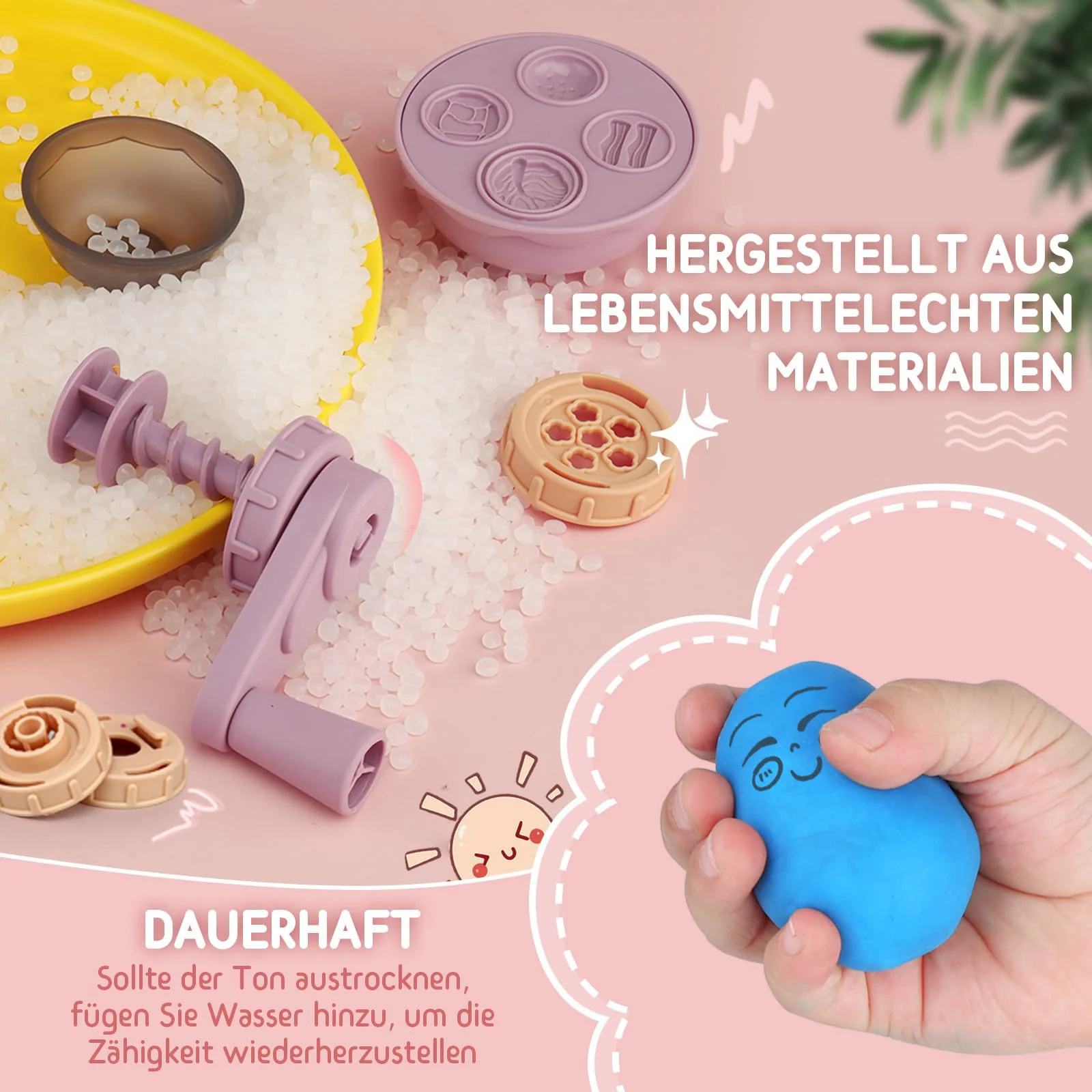 JONRRYIN Knete Set für Kinder, 65 Stück Knete Zubehör Knetwerkzeug mit 12 Modelliermasse, Kreatives Kinderknete Dough Nudelmaschine Spielset Geschenk für Mädchen & Junge (Rosa) - Image 6