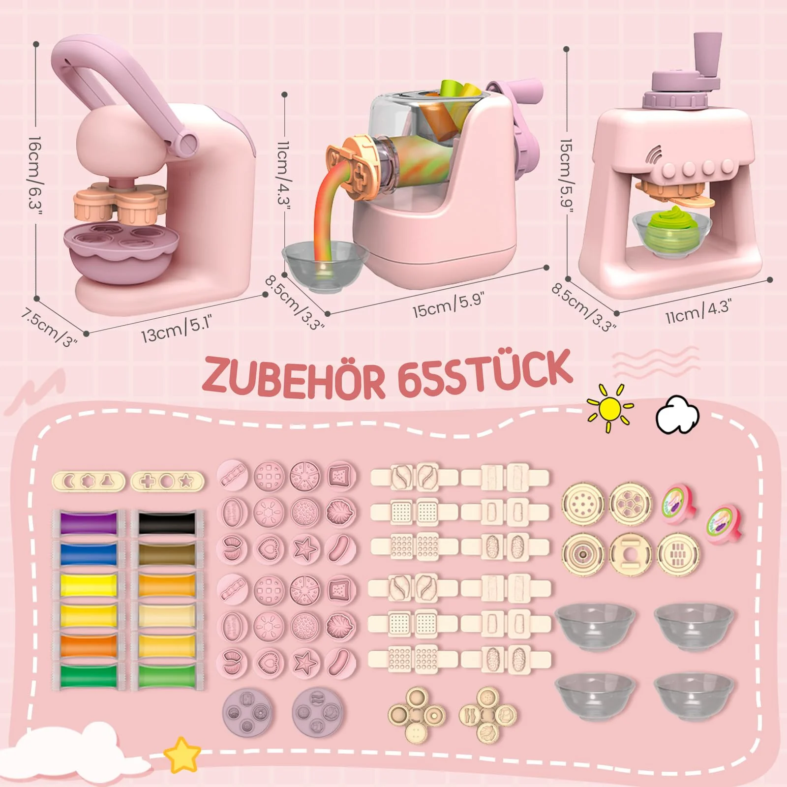 JONRRYIN Knete Set für Kinder, 65 Stück Knete Zubehör Knetwerkzeug mit 12 Modelliermasse, Kreatives Kinderknete Dough Nudelmaschine Spielset Geschenk für Mädchen & Junge (Rosa) - Image 7