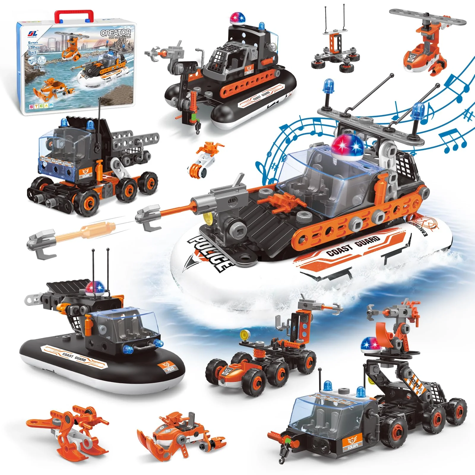 JONRRYIN Konstruktionsspielzeug für Kinder, 5-in-1 Engineering Spielzeug, Bausteine Pädagogische Lernspielzeug mit Lichtern und Musik, Bauspielzeug Ingenieurspielzeug kreatives Set für Kinder (172Pcs)