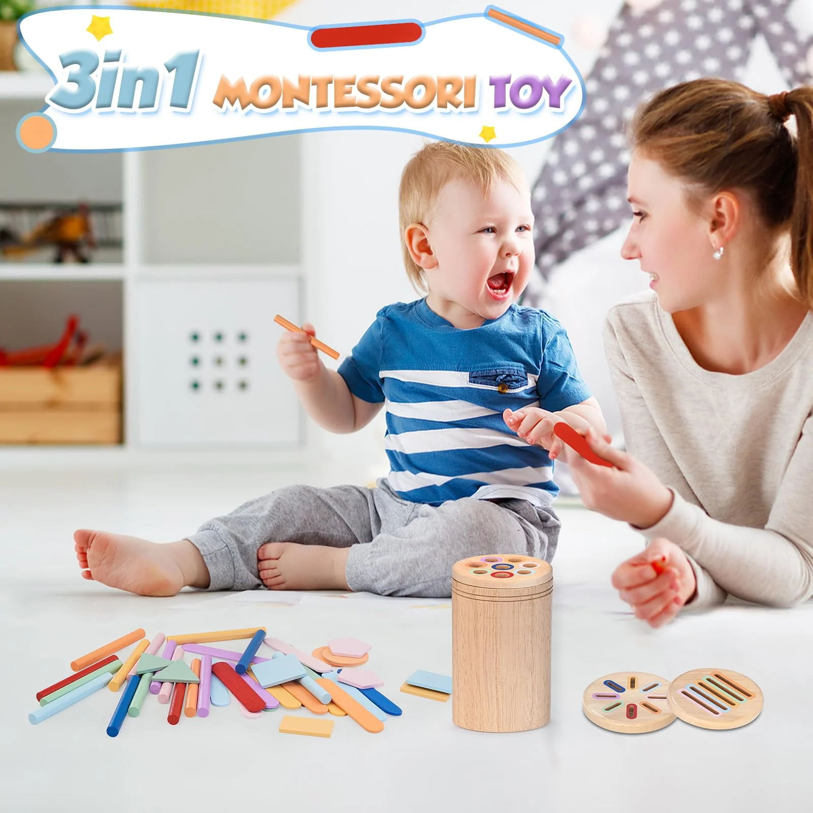 Joozmui Holz Montessori Spielzeug ab 1 2 3 Jahre, 3 in 1 Holzspielzeug Motorikspielzeug Baby Spielzeug 1 2 3 Jahr - Holz Sortier & Stapelspielzeug Geschenk für Kleinkinder Kinderspielzeug Lernspiele - Image 3