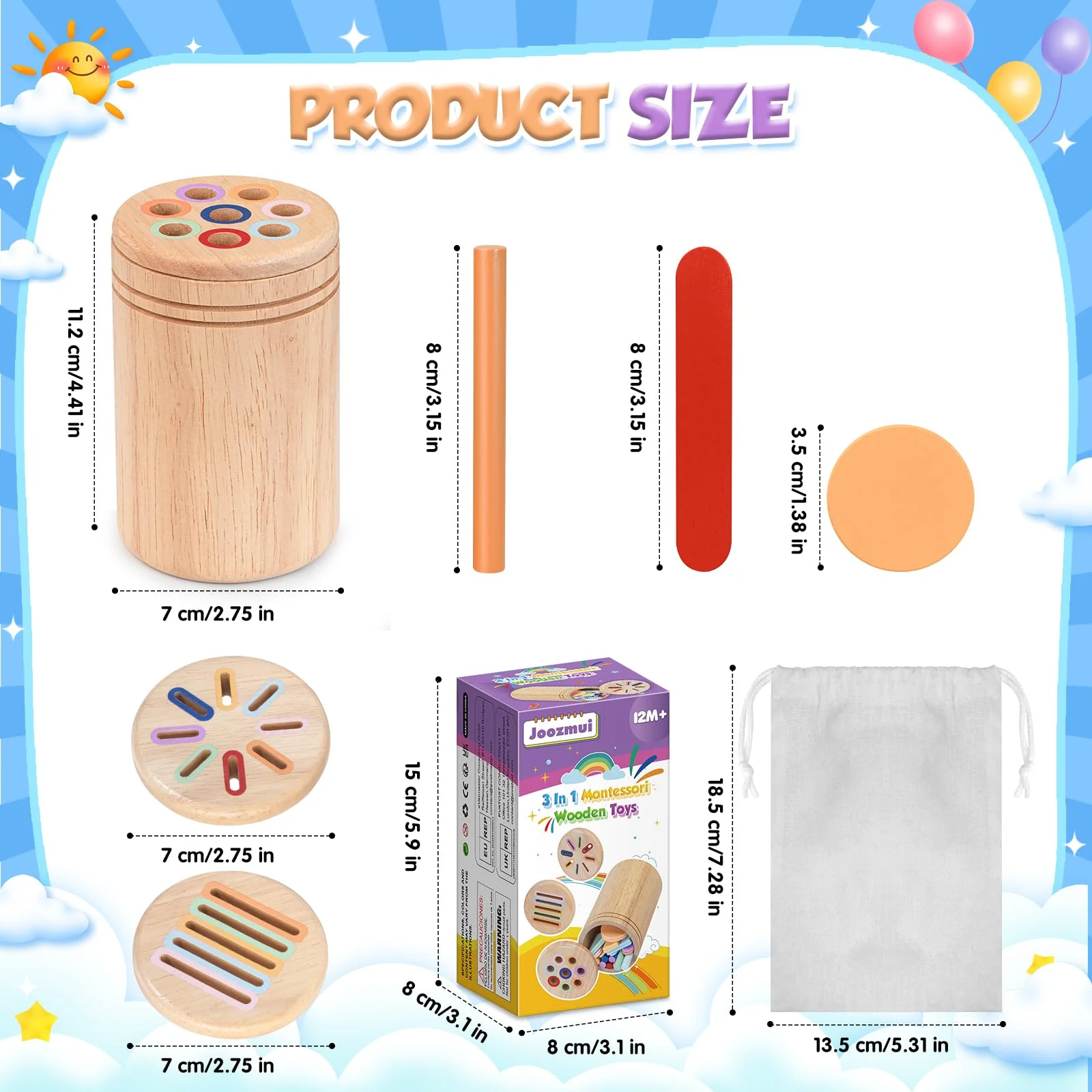 Joozmui Holz Montessori Spielzeug ab 1 2 3 Jahre, 3 in 1 Holzspielzeug Motorikspielzeug Baby Spielzeug 1 2 3 Jahr - Holz Sortier & Stapelspielzeug Geschenk für Kleinkinder Kinderspielzeug Lernspiele - Image 4