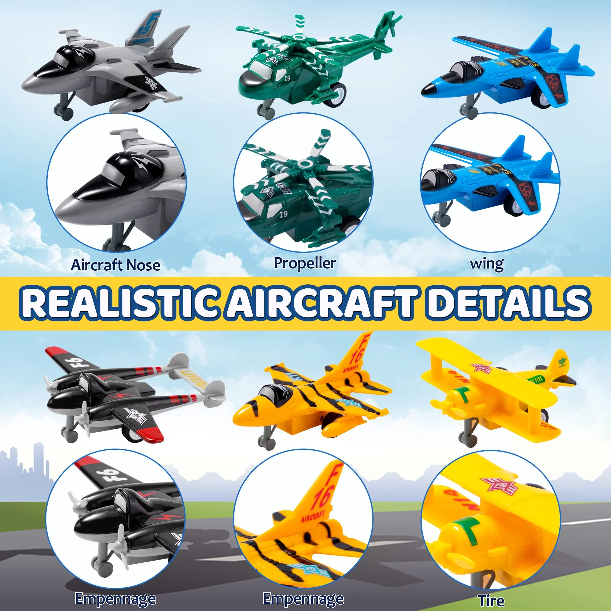 JOYIN 16-teiliges Flugzeug Spielzeug zum Zurückziehen, Spielzeug ab 3 Jahren Jungen, Flugzeug Spielzeugset Hubschrauber Kampfjet, Geschenke für Kinder im Alter von 2-8 Jahren - Image 3