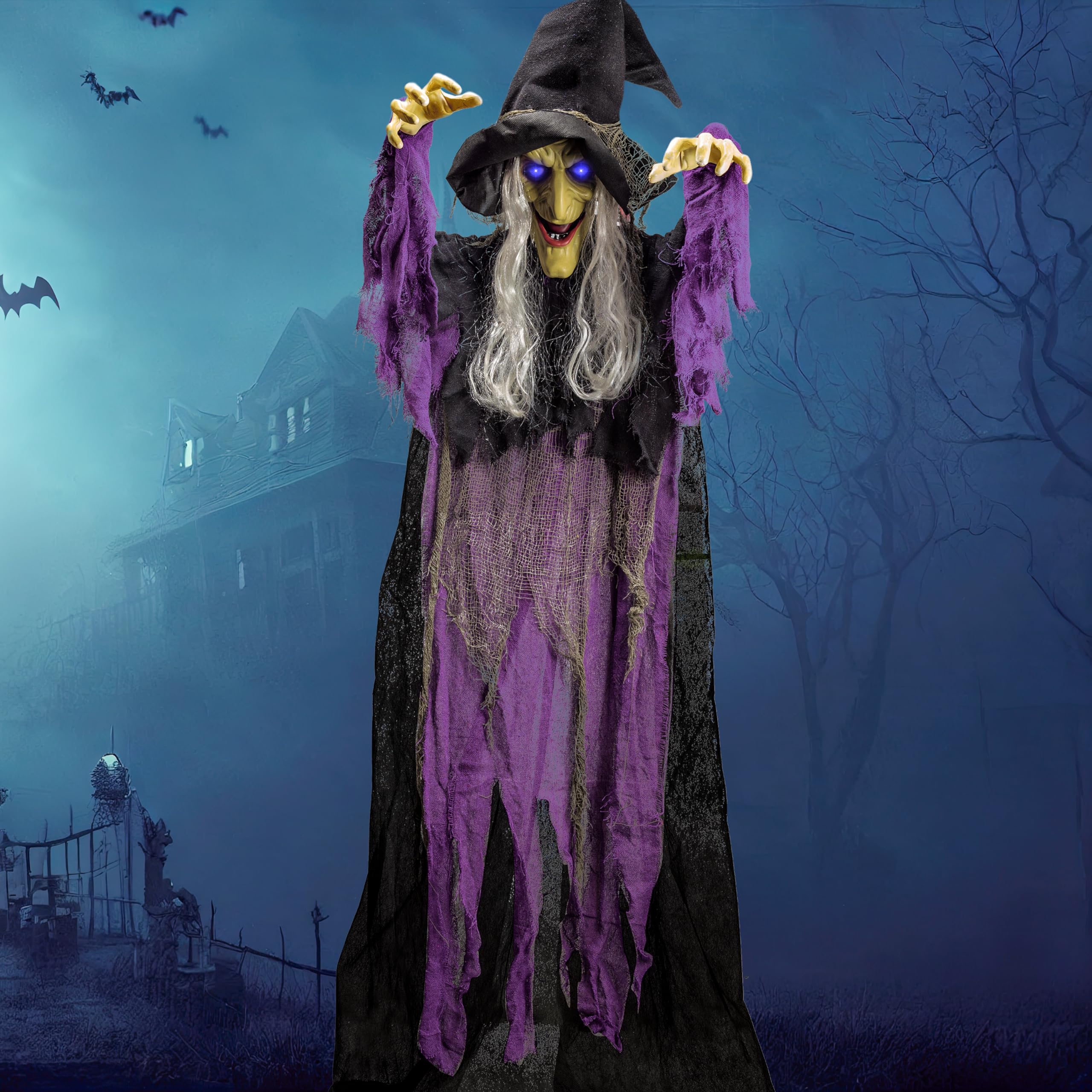 JOYIN 182,9 cm hängende animierte sprechende Hexe Dekoration (blau) mit leuchtenden Augen und Soundaktivierungsfunktion für Halloween Spukhaus Requisiten-Dekor, Halloween-Hängedekorationen