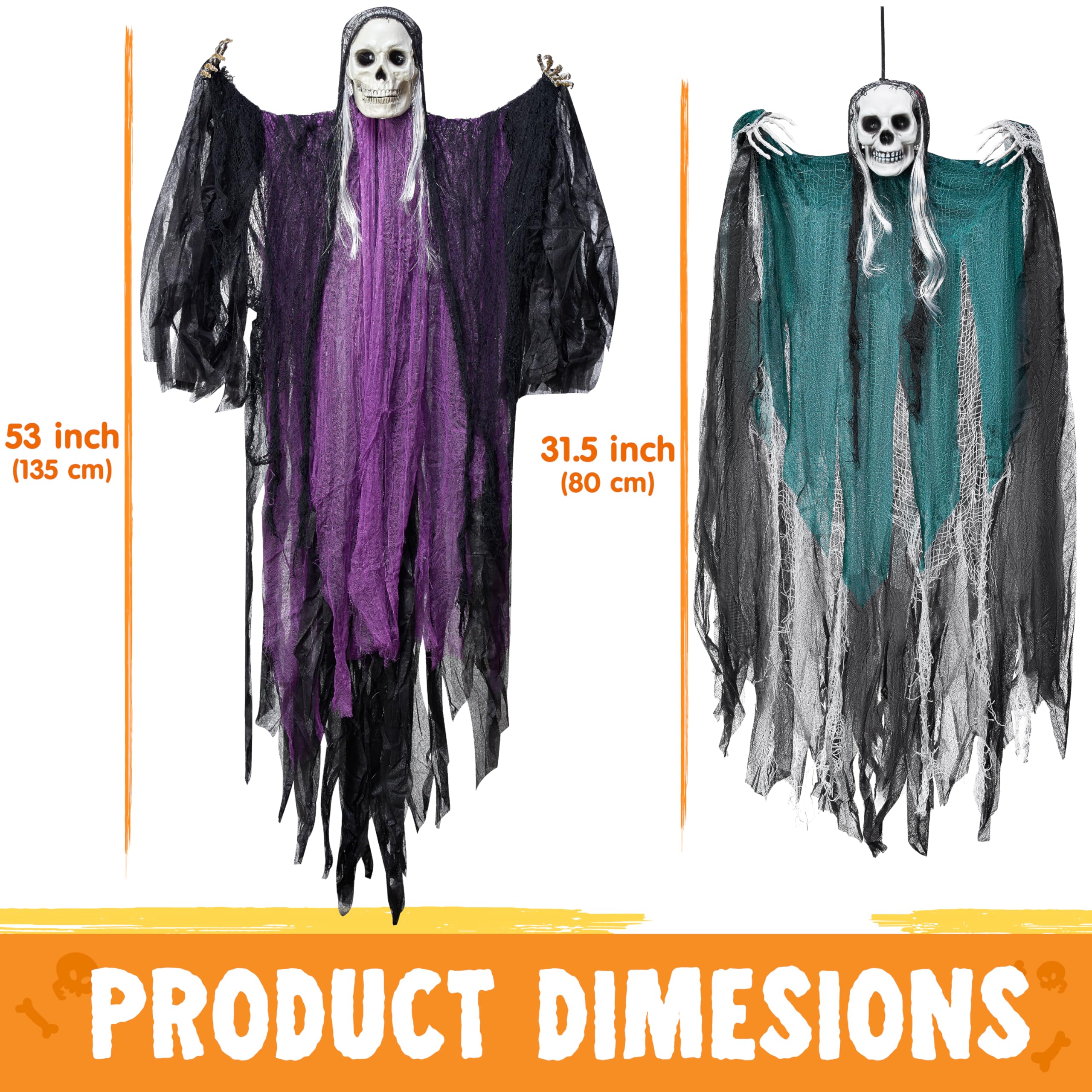 JOYIN 3 Stück Halloween-Skelett-Sensenmann-Dekoration zum Aufhängen, EIN 134 cm großes Halloween-Skelett, Zwei 80 cm große Geister für Spukhaus-Requisite, Garten Dekoration - Image 5