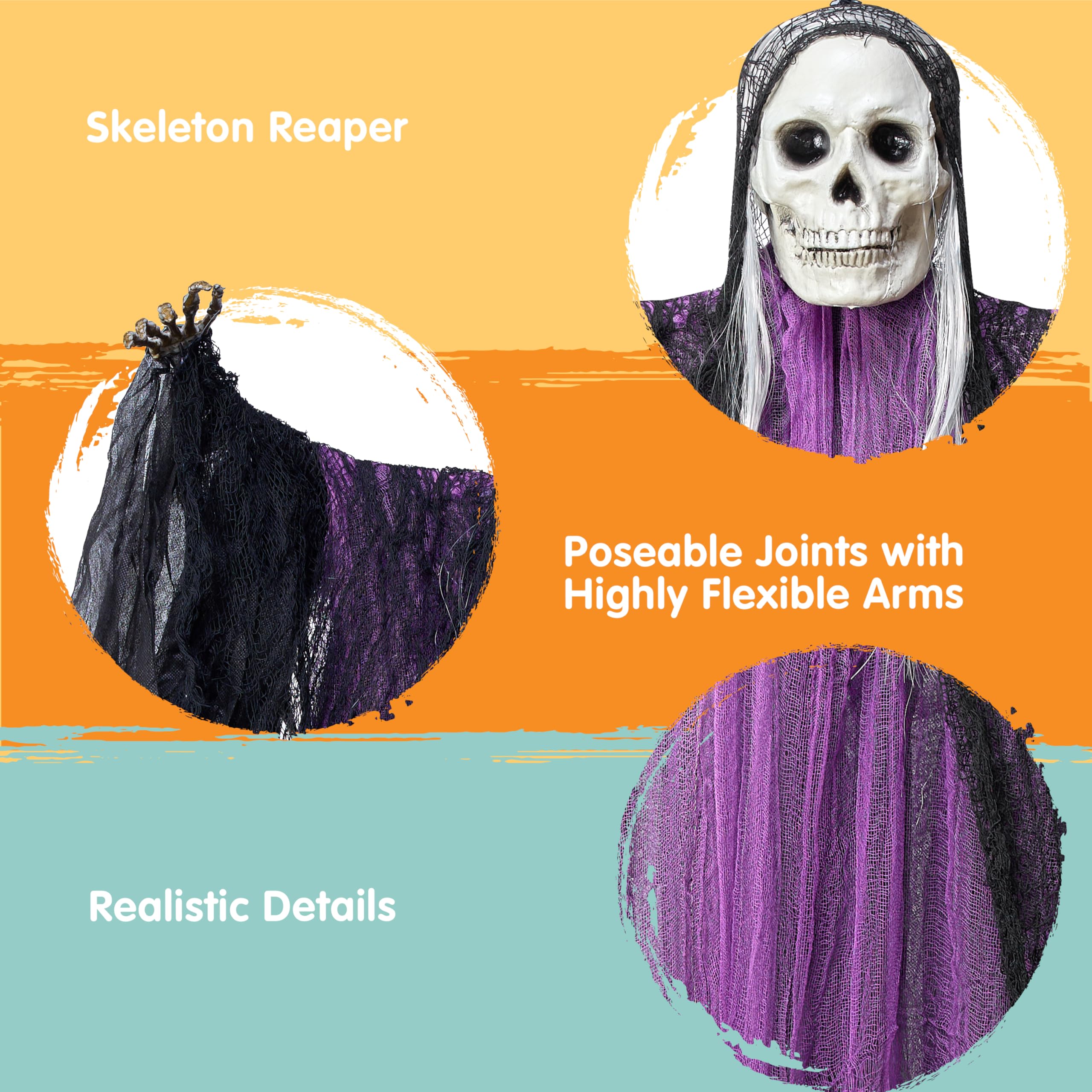 JOYIN 3 Stück Halloween-Skelett-Sensenmann-Dekoration zum Aufhängen, EIN 134 cm großes Halloween-Skelett, Zwei 80 cm große Geister für Spukhaus-Requisite, Garten Dekoration - Image 7