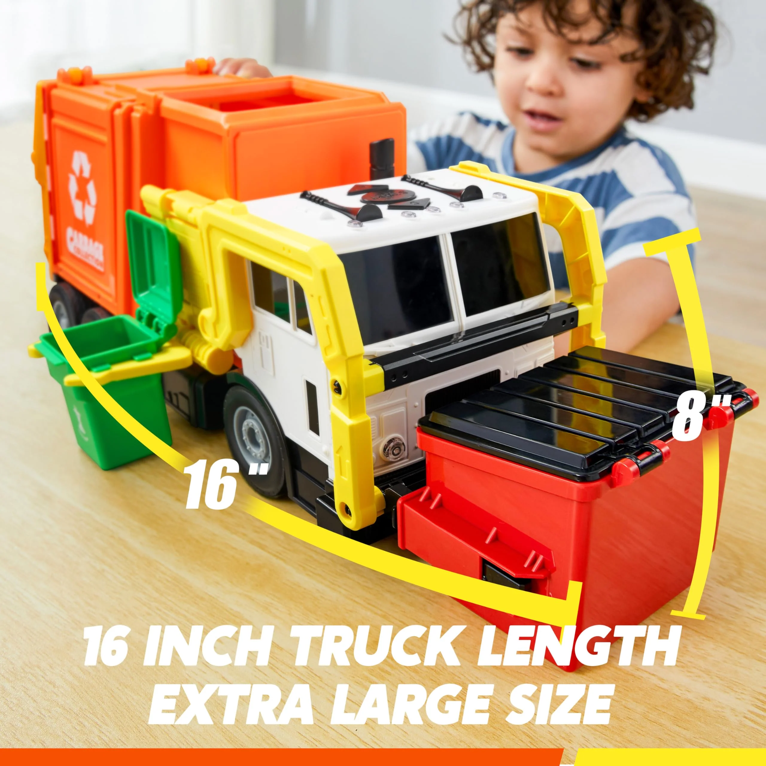 JOYIN Müllauto Spielzeug mit Lichtern und Sound,40cm Großer Müllwagen Spielzeug ab 3 4 5 6 7 Jahre,Müllabfuhr Auto Kinder mit Frontlader-Mülltonne, 3 seitlichen Mülleimern mit 30 Stück - Image 7