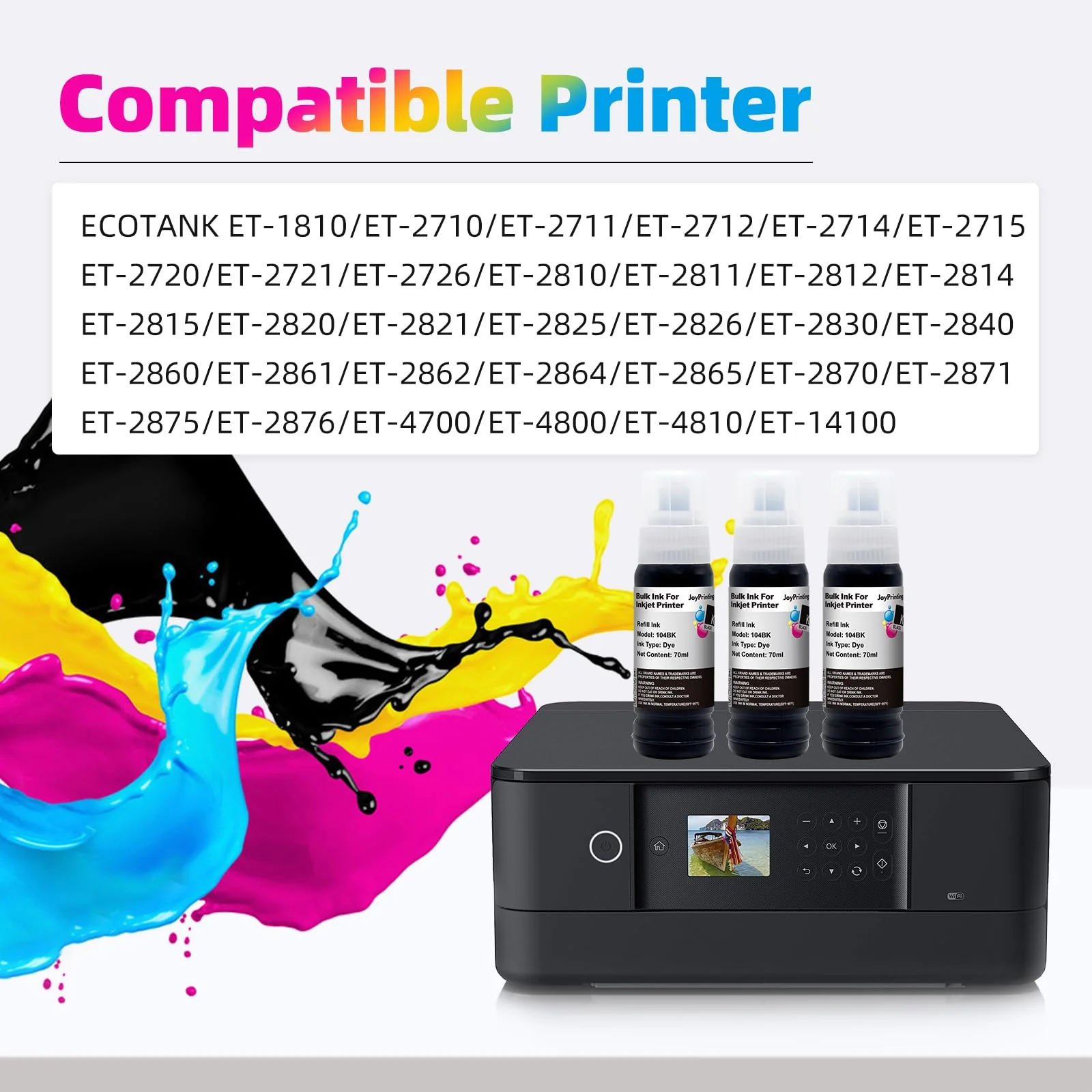 JoyPrinting 104 Tinte Kompatibel für Epson 104 Schwarz Tintenflasche Multipack für Ecotank ET-2820 ET-2710 ET-2720 ET-2815 ET-2810 ET-2826 ET-1810 ET‑2711 ET-2712 ET-2715 ET-2714 ET-2721 ET-2726