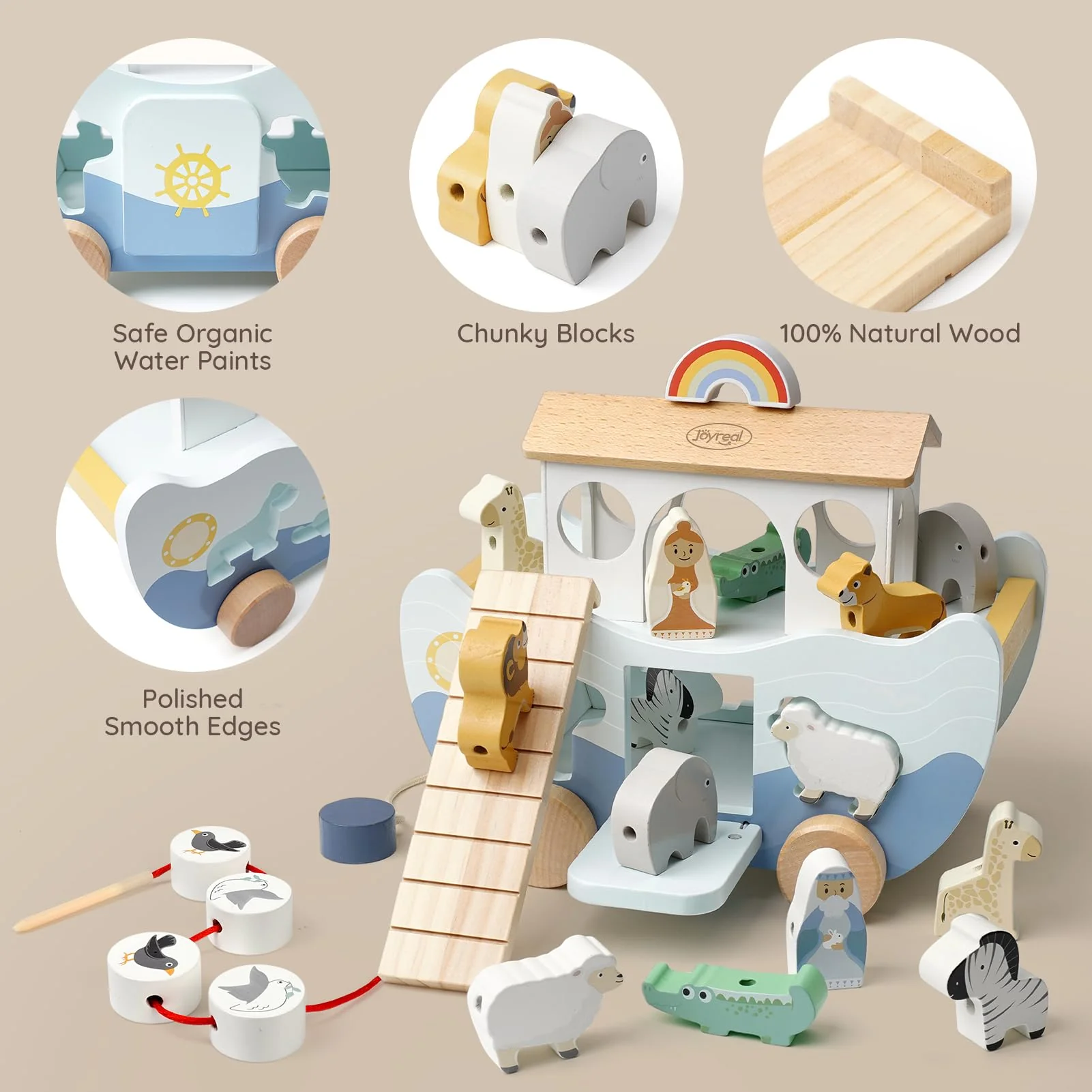 Joyreal Arche Noah Holz - Taufgeschenke für Mädchen Jungen Kinder, Geschenk Taufe, Montessori Spielzeug ab 1 2 3 Jahr, Holzspielzeug mit Bauernhof Spielzeug Sortier Stapel - Image 5