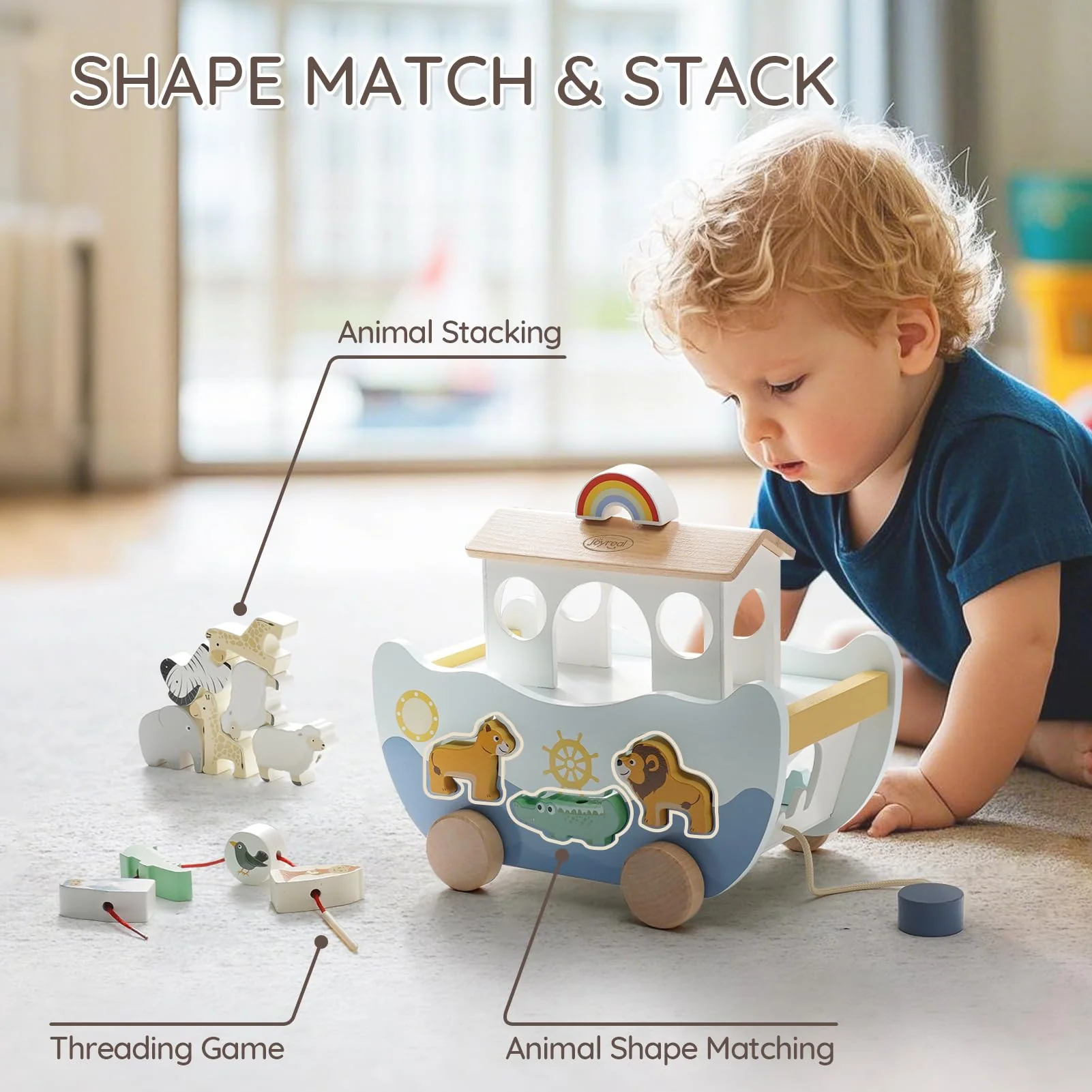 Joyreal Arche Noah Holz - Taufgeschenke für Mädchen Jungen Kinder, Geschenk Taufe, Montessori Spielzeug ab 1 2 3 Jahr, Holzspielzeug mit Bauernhof Spielzeug Sortier Stapel - Image 6