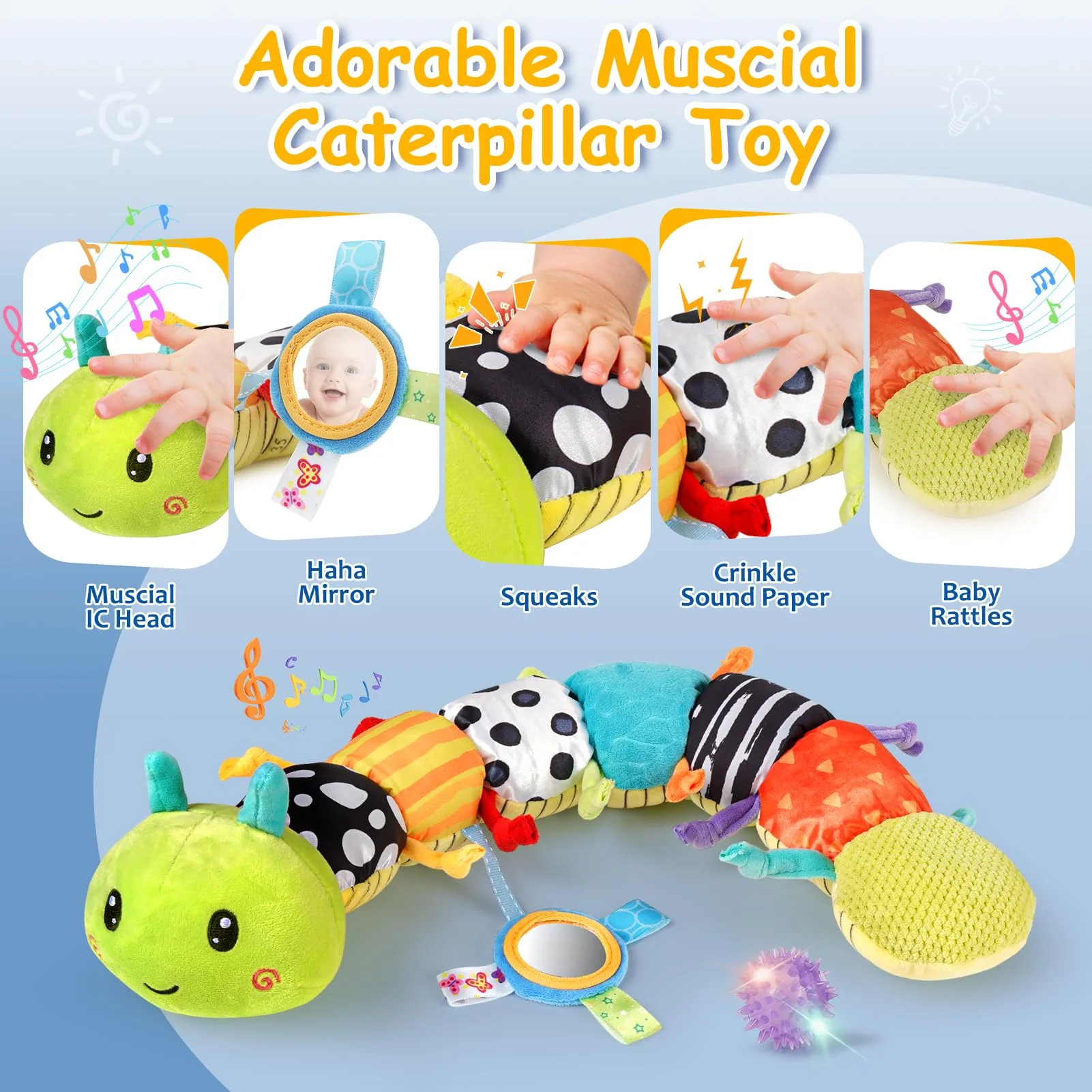 Joyreal Baby Spielzeug 0-6 Monate, 10-teiliges Set für Neugeborene Sensorikspielzeug, Baby Raupe Musikspielzeug, Rasseln, Bänder, Tummy Time Toys, Geschenk von 3, 6, 9 Monaten - Image 6