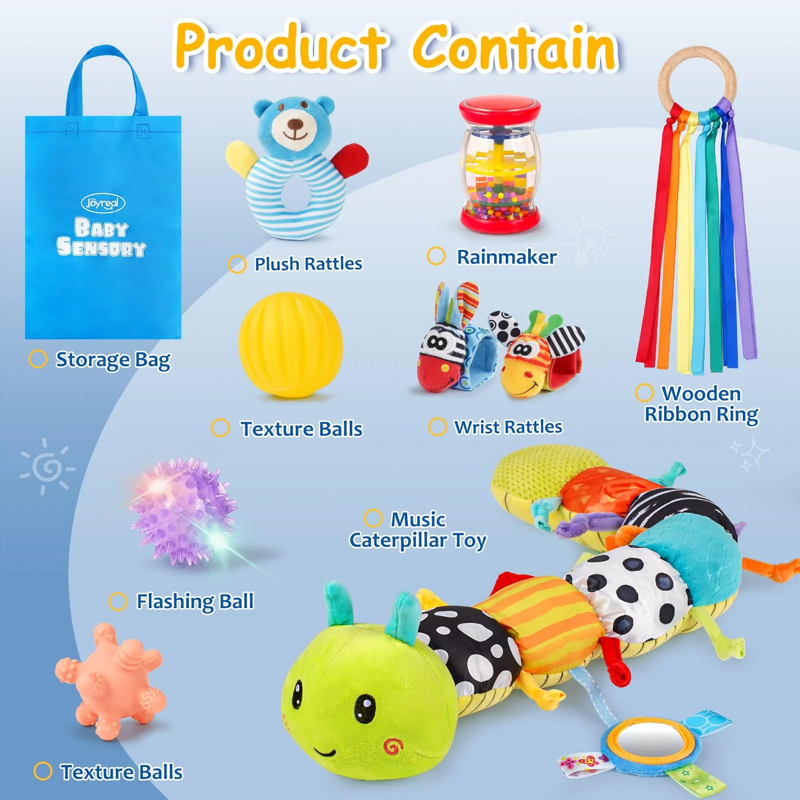 Joyreal Baby Spielzeug 0-6 Monate, 10-teiliges Set für Neugeborene Sensorikspielzeug, Baby Raupe Musikspielzeug, Rasseln, Bänder, Tummy Time Toys, Geschenk von 3, 6, 9 Monaten - Image 7