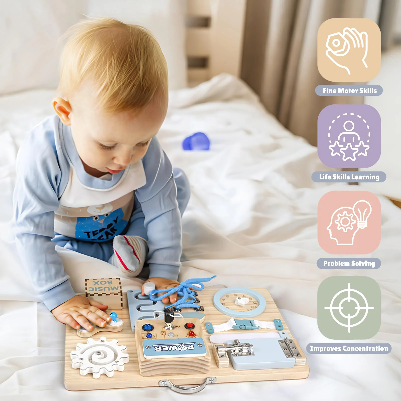 Joyreal LED Montessori Busy Board - Motorikbrett Monate Activity Board Motorikboard Montessori Spielzeug Brett Motorikspielzeug Sensorik Board - Image 3