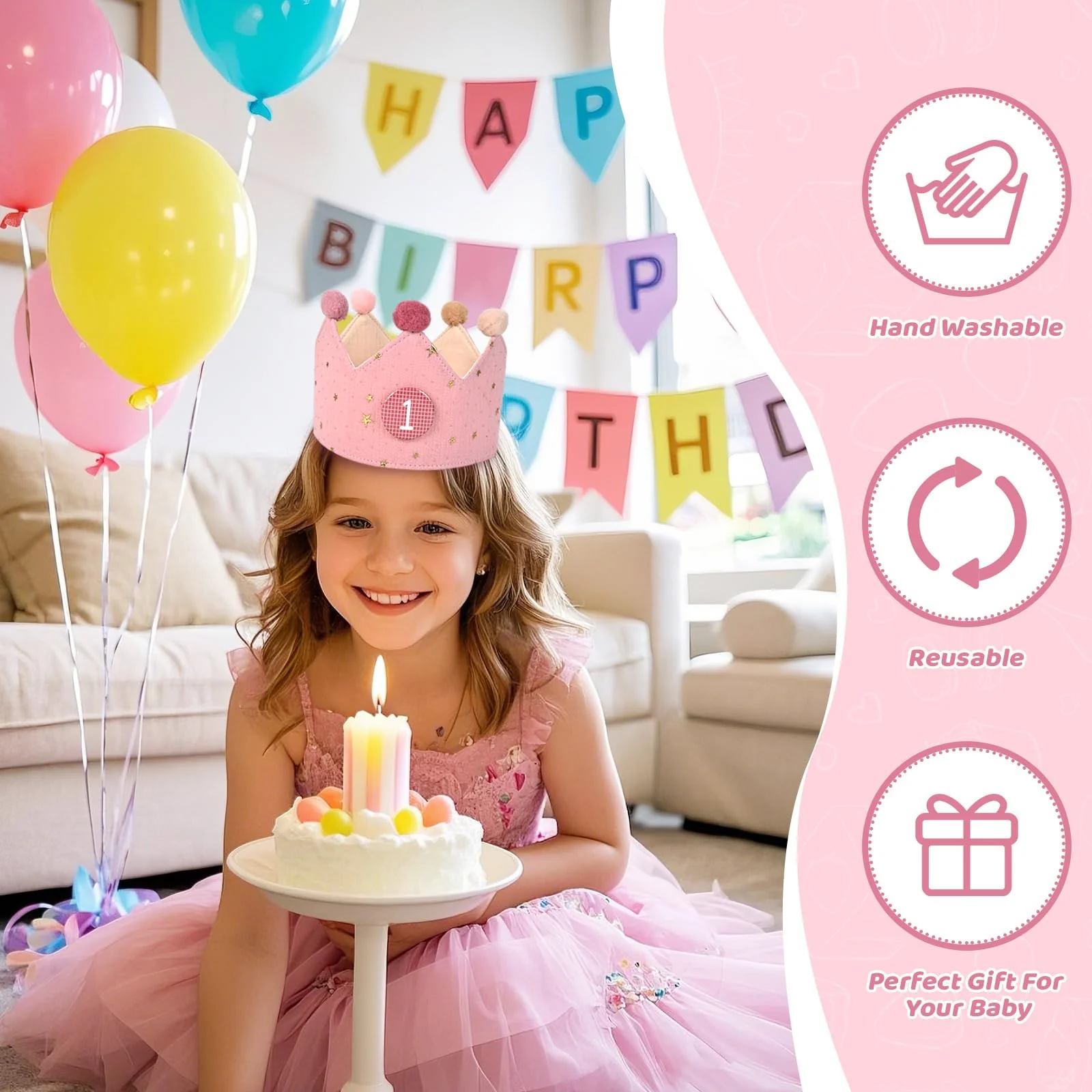 JOYUE Geburtstagskrone für Kinder, Geburtstagskrone Musselin mit Auswechselbaren Zahlen von 0-9, Wendbare Krone Kindergeburtstag für Jungen & Mädchen Geburtstag Party Supplies (Rosa) - Image 6