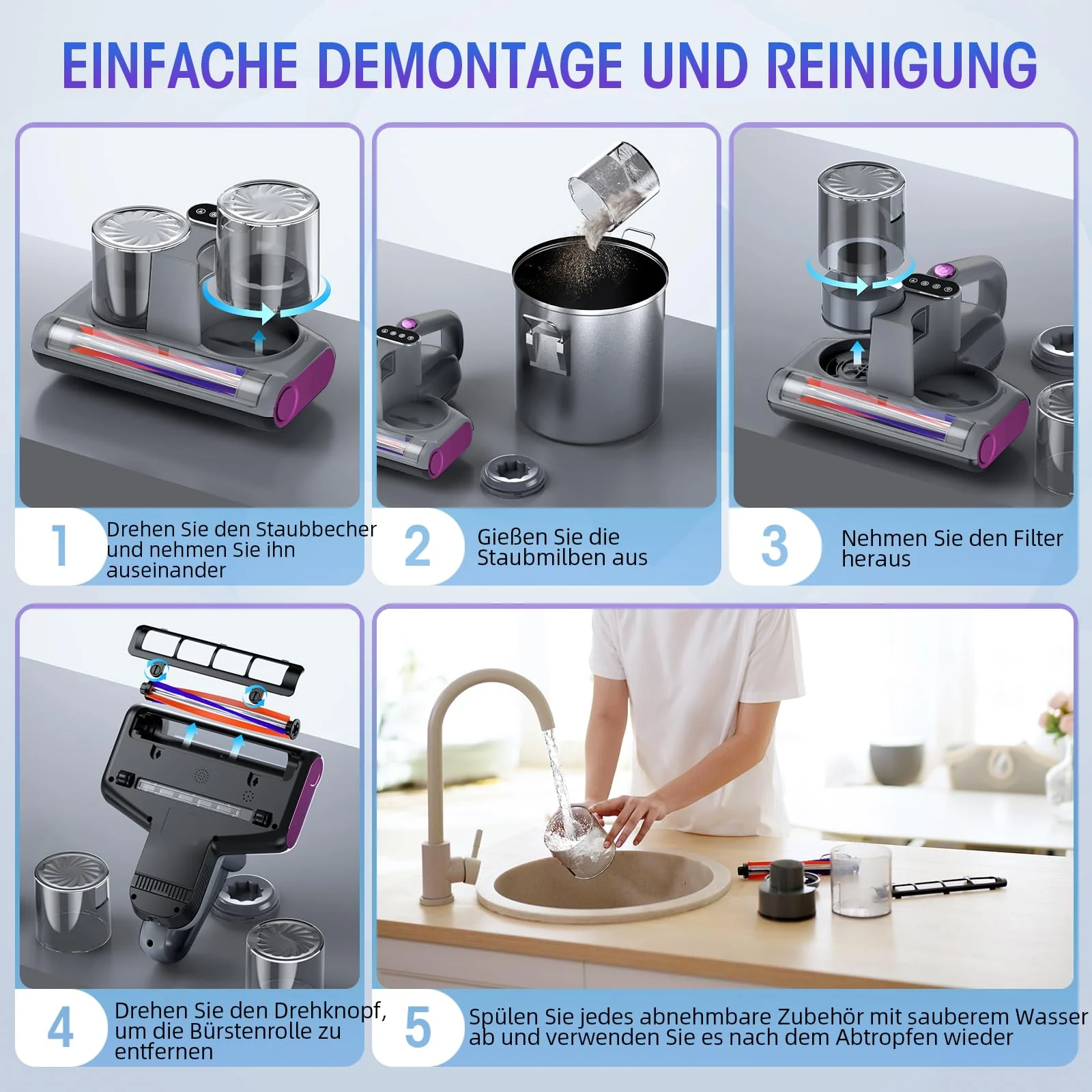 JPHYLL Milbensauger für Matratzen 16Kpa Matratzensauger mit 253,7nm UV-C-Licht Bett-Staubsauger HEPA Filter Ultraschall Heißer Wind Funktion Matratzenreiniger Milbenstaubsauger für Bett, Sofa 500W - Image 3