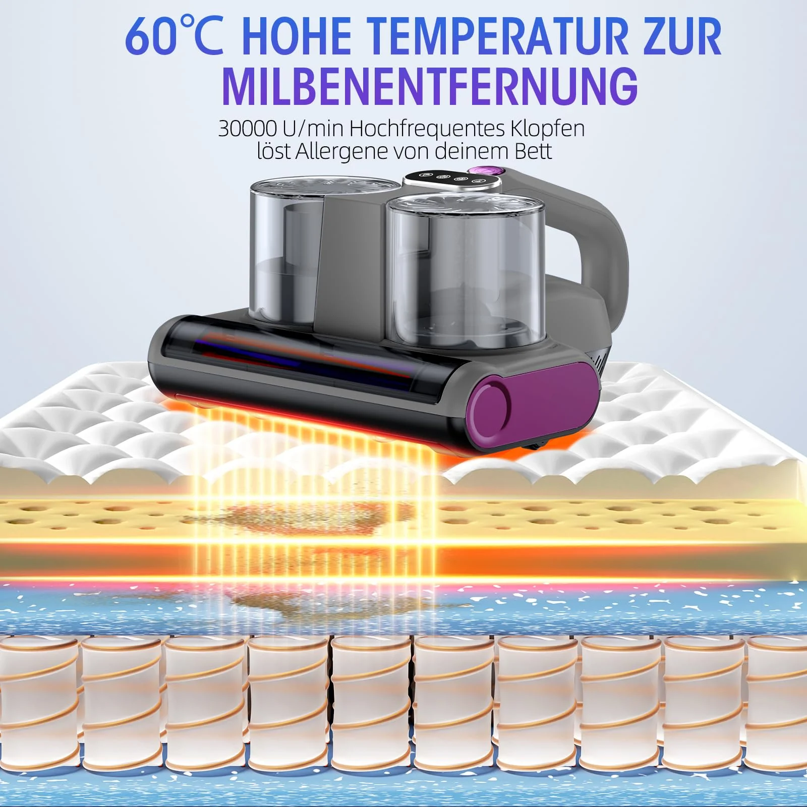 JPHYLL Milbensauger für Matratzen 16Kpa Matratzensauger mit 253,7nm UV-C-Licht Bett-Staubsauger HEPA Filter Ultraschall Heißer Wind Funktion Matratzenreiniger Milbenstaubsauger für Bett, Sofa 500W - Image 5
