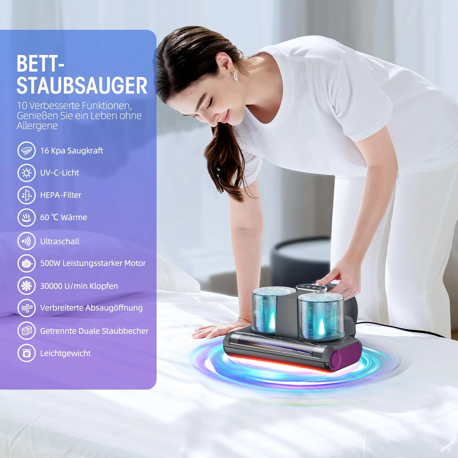 JPHYLL Milbensauger für Matratzen 16Kpa Matratzensauger mit 253,7nm UV-C-Licht Bett-Staubsauger HEPA Filter Ultraschall Heißer Wind Funktion Matratzenreiniger Milbenstaubsauger für Bett, Sofa 500W - Image 7