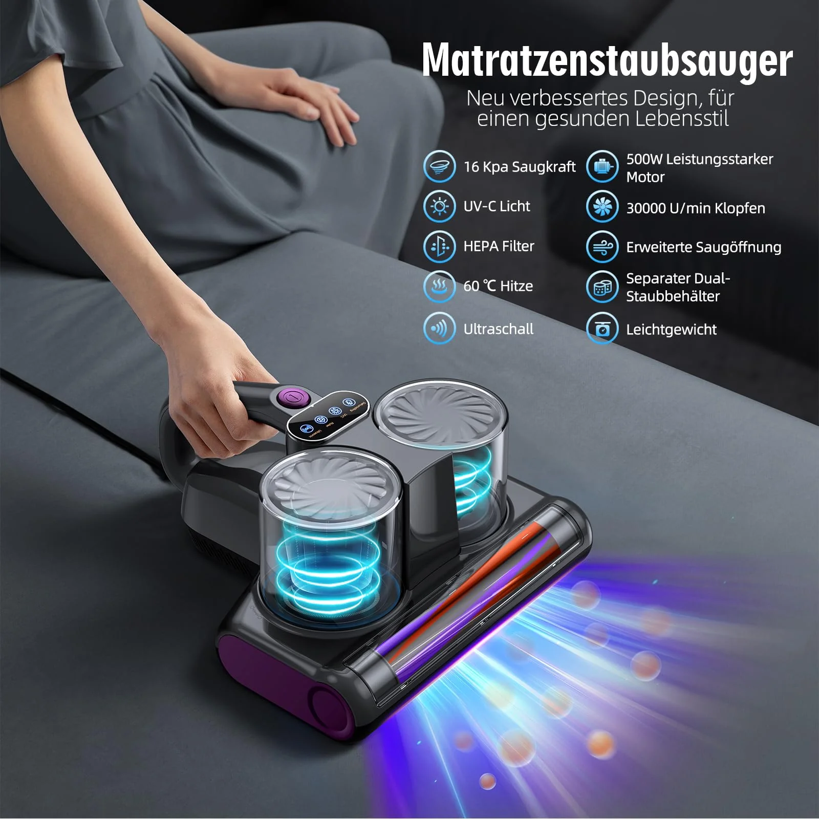 JPHYLL Milbensauger für Matratzen Milbenstaubsauger 16Kpa Saugkraft 253.7nm UV-C Licht Bettstaubsauger mit 3 HEPA Filter Ultraschall Hitze Bürstenrolle Technologien - Image 2