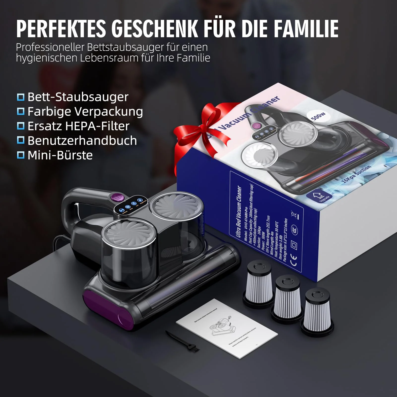JPHYLL Milbensauger für Matratzen Milbenstaubsauger 16Kpa Saugkraft 253.7nm UV-C Licht Bettstaubsauger mit 3 HEPA Filter Ultraschall Hitze Bürstenrolle Technologien - Image 3