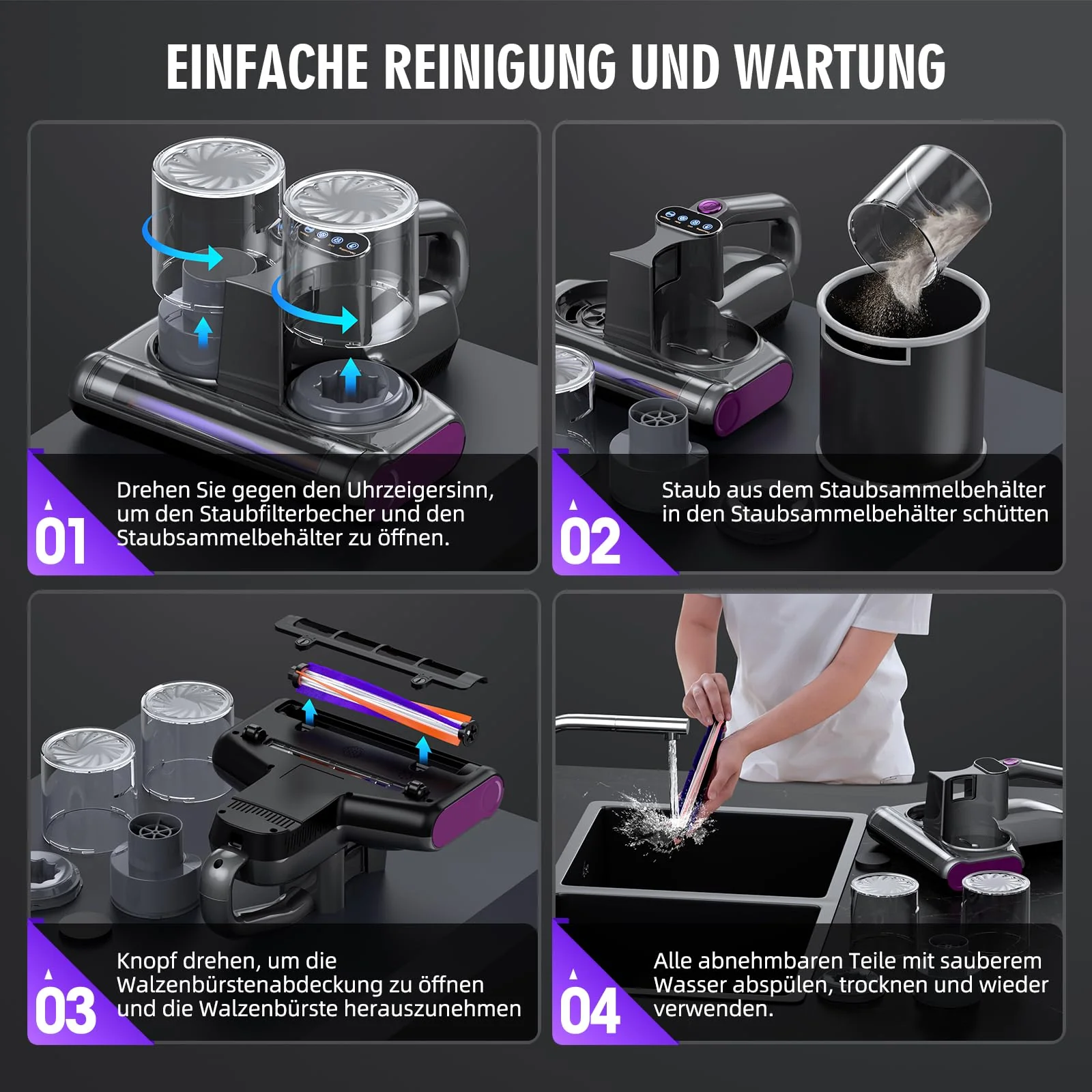 JPHYLL Milbensauger für Matratzen Milbenstaubsauger 16Kpa Saugkraft 253.7nm UV-C Licht Bettstaubsauger mit 3 HEPA Filter Ultraschall Hitze Bürstenrolle Technologien - Image 4