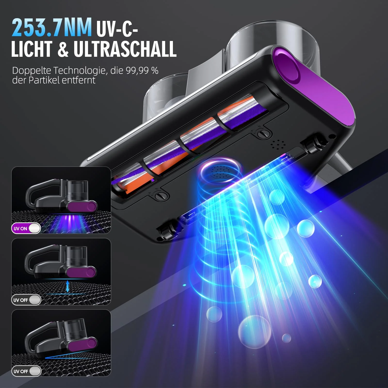 JPHYLL Milbensauger für Matratzen Milbenstaubsauger 16Kpa Saugkraft 253.7nm UV-C Licht Bettstaubsauger mit 3 HEPA Filter Ultraschall Hitze Bürstenrolle Technologien - Image 7