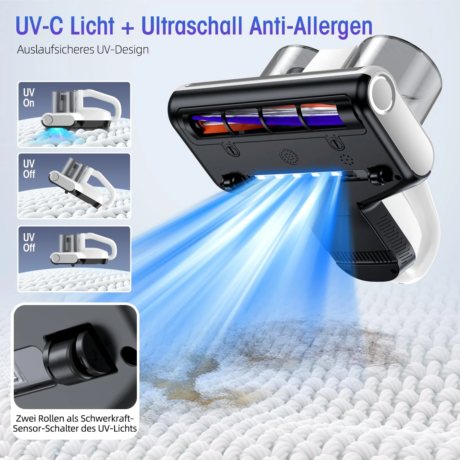 JPHYLL Milbensauger für Matratzen Milbenstaubsauger 16Kpa Saugkraft 253.7nm UV-C Licht Bettstaubsauger mit 3 HEPA Filter Ultraschall Hitze Bürstenrolle Technologien Weiß - Image 3
