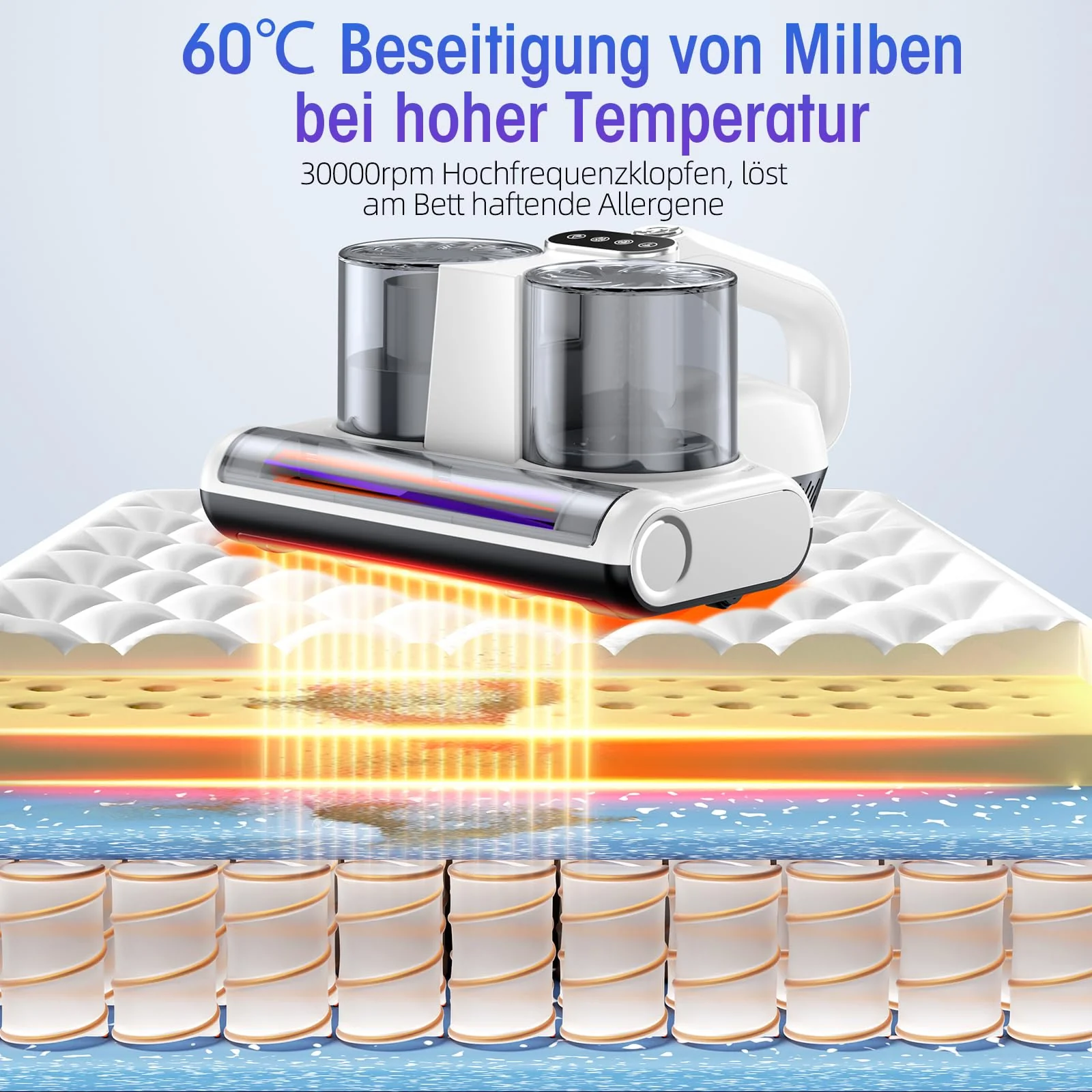 JPHYLL Milbensauger für Matratzen Milbenstaubsauger 16Kpa Saugkraft 253.7nm UV-C Licht Bettstaubsauger mit 3 HEPA Filter Ultraschall Hitze Bürstenrolle Technologien Weiß - Image 4