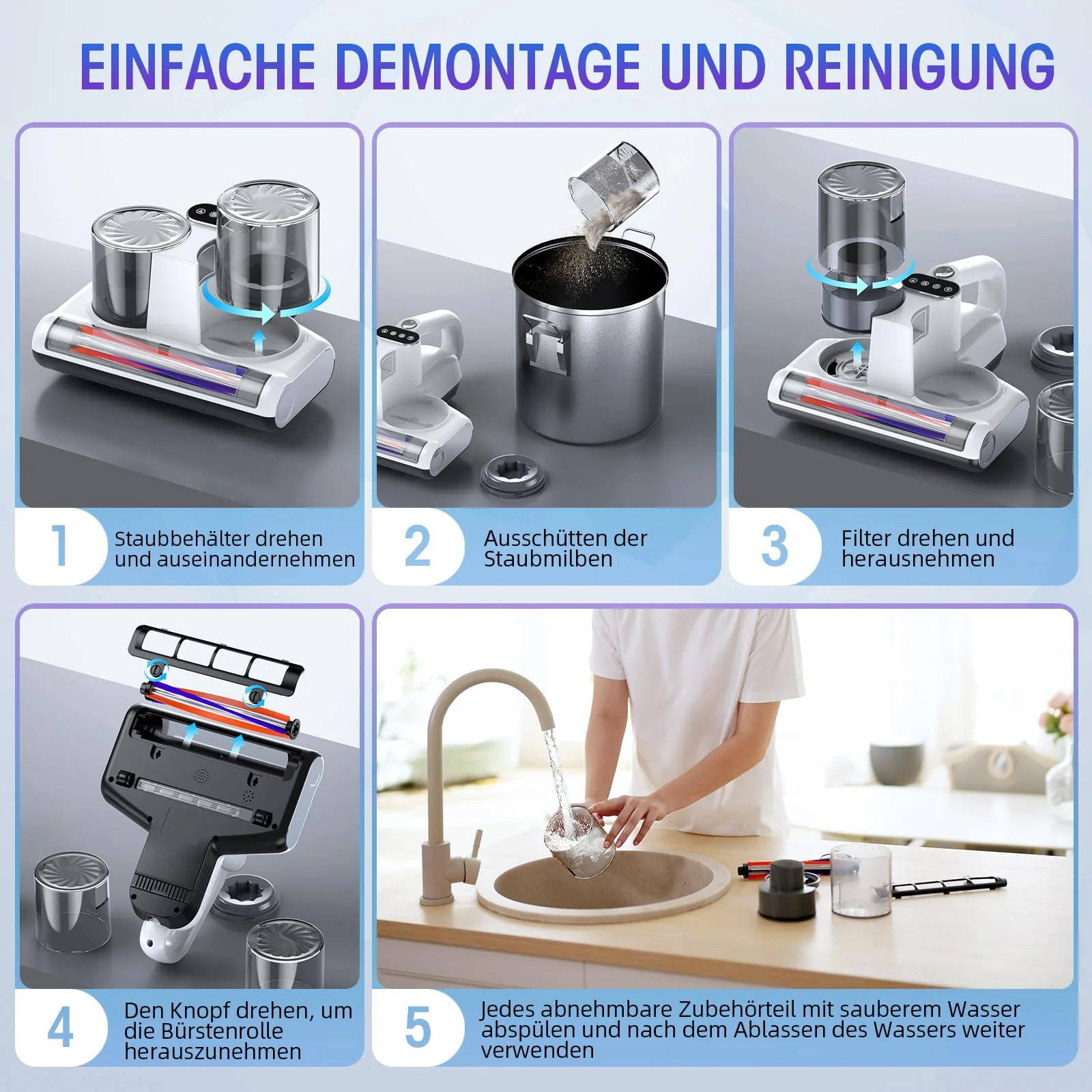 JPHYLL Milbensauger für Matratzen Milbenstaubsauger 16Kpa Saugkraft 253.7nm UV-C Licht Bettstaubsauger mit 3 HEPA Filter Ultraschall Hitze Bürstenrolle Technologien Weiß - Image 8
